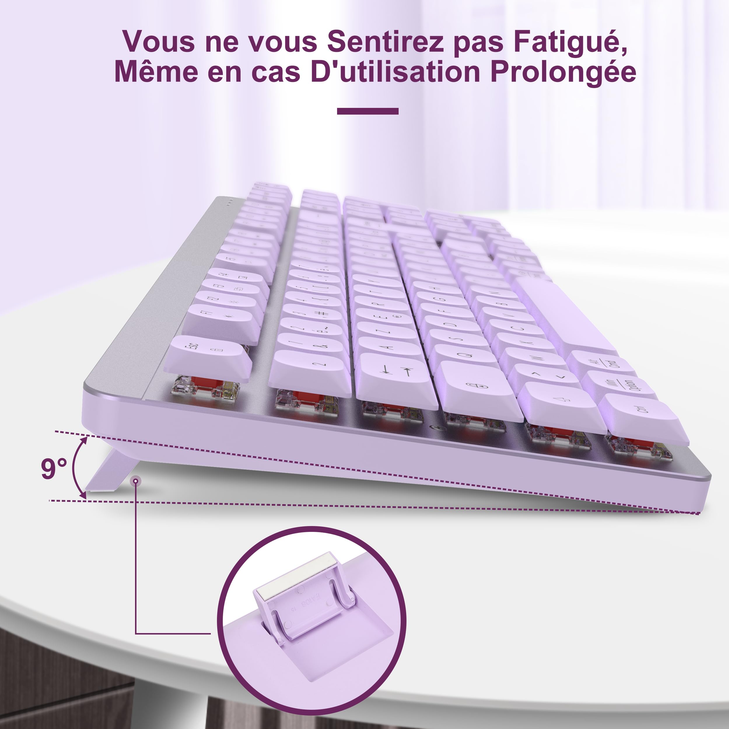 LeadsaiL Clavier Souris Mécanique sans Fil, FA98 Low Profile Ensemble Clavier et Souris avec Interrupteur Rouge, Français AZERTY, Connexion 2.4Ghz, 98 Touches for Windows MacOS Computer PC-Pourpre