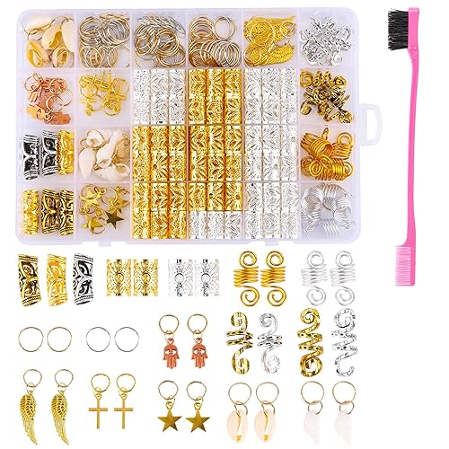 Tbestmax 254 piezas de joyería para el cabello de Loc para trenzas, accesorios de rastas con caja y borde Brus, dijes de metal plateado dorado para