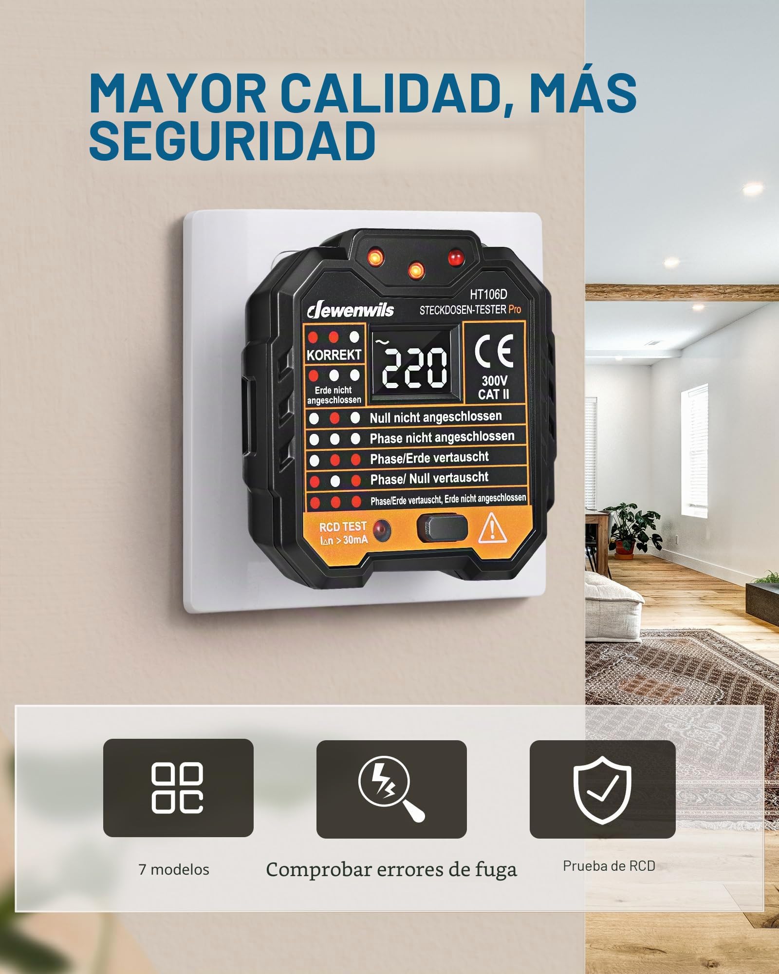 DEWENWILS Probador de Enchufes con Prueba RCD y Pantalla de Voltaje LCD, Pantalla de Luz Indicadora, Prueba FI, 48-250V/45-65Hz, CAT ll 300V