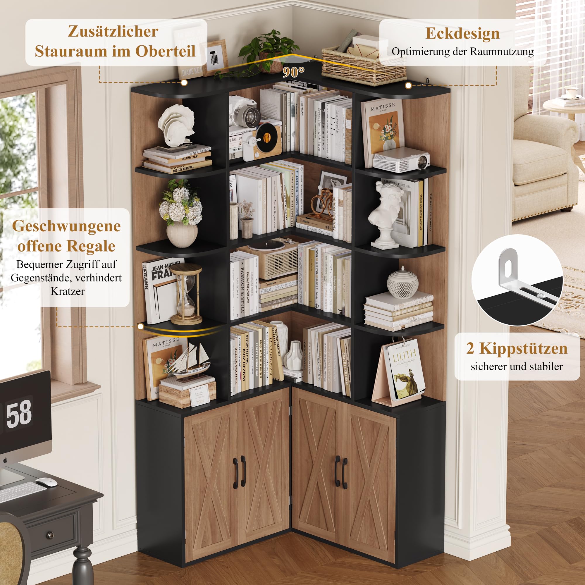 FirFurd 187cm Bücherregal mit Türen， Eckregal mit 12 Fächern L-förmiger | Bücherschrank mit Türen, Bücherregal, Hochschrank Regal für Wohnzimmer, Büro, Arbeitszimmer, 187x80x80cm