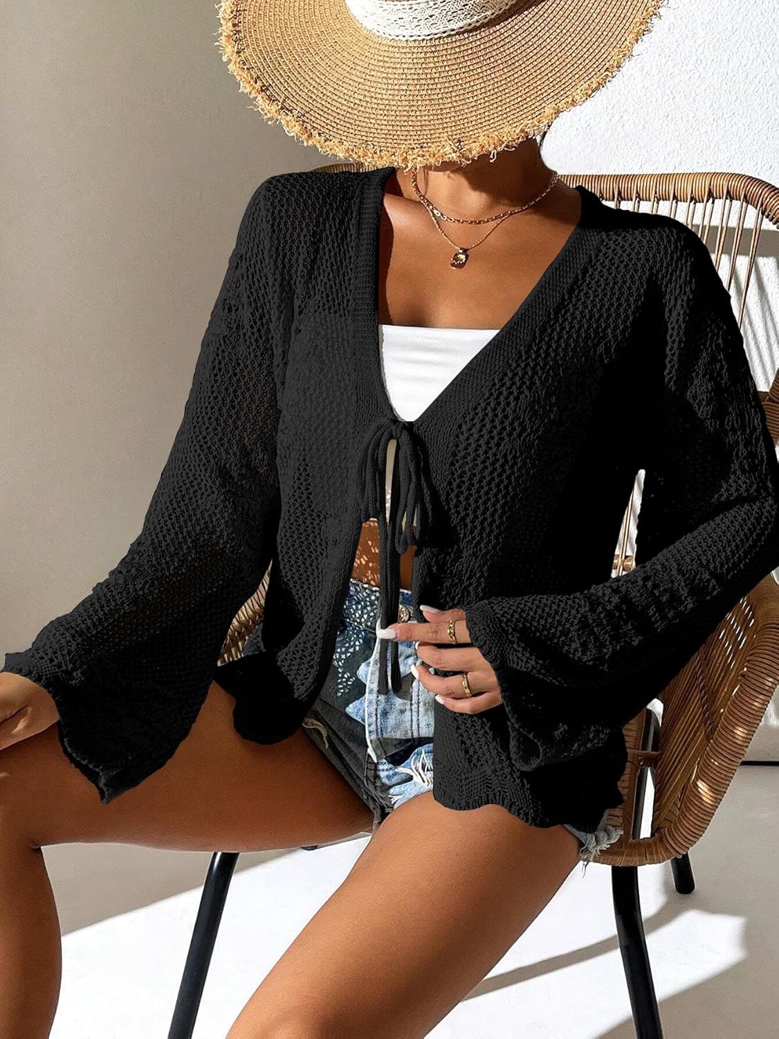 Womens Tie Front Lightweight Crochet Cardigan Shrugs Knit Cardigan Crop Tops Cover Up - Image 2