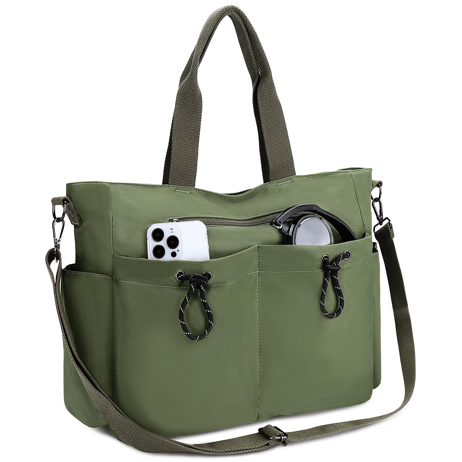 VX VONXURY Tote Bag for Women- 8-Pocket Lightweight Water-Resistant Convertible Crossbody Work Bag for Gym, Travel, Hiking, Daily Use, Large Organizer Shoulder Purse with Removable Strap (Green)