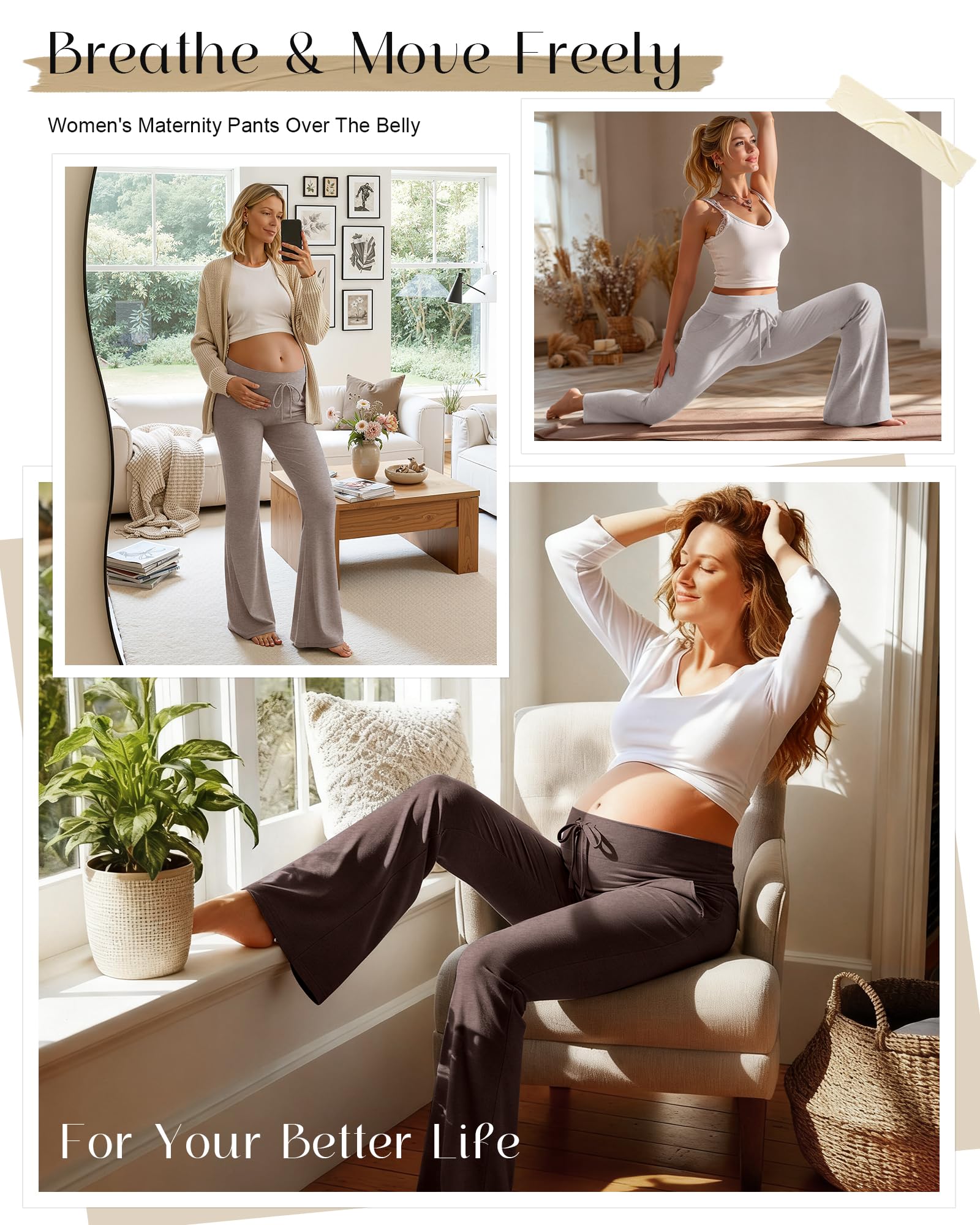 Neer Lot de 3 pantalons de maternité pour femme | Pantalon évasé, décontracté, jambes larges, jogging, cordon de serrage, avec poches, yoga, vêtements