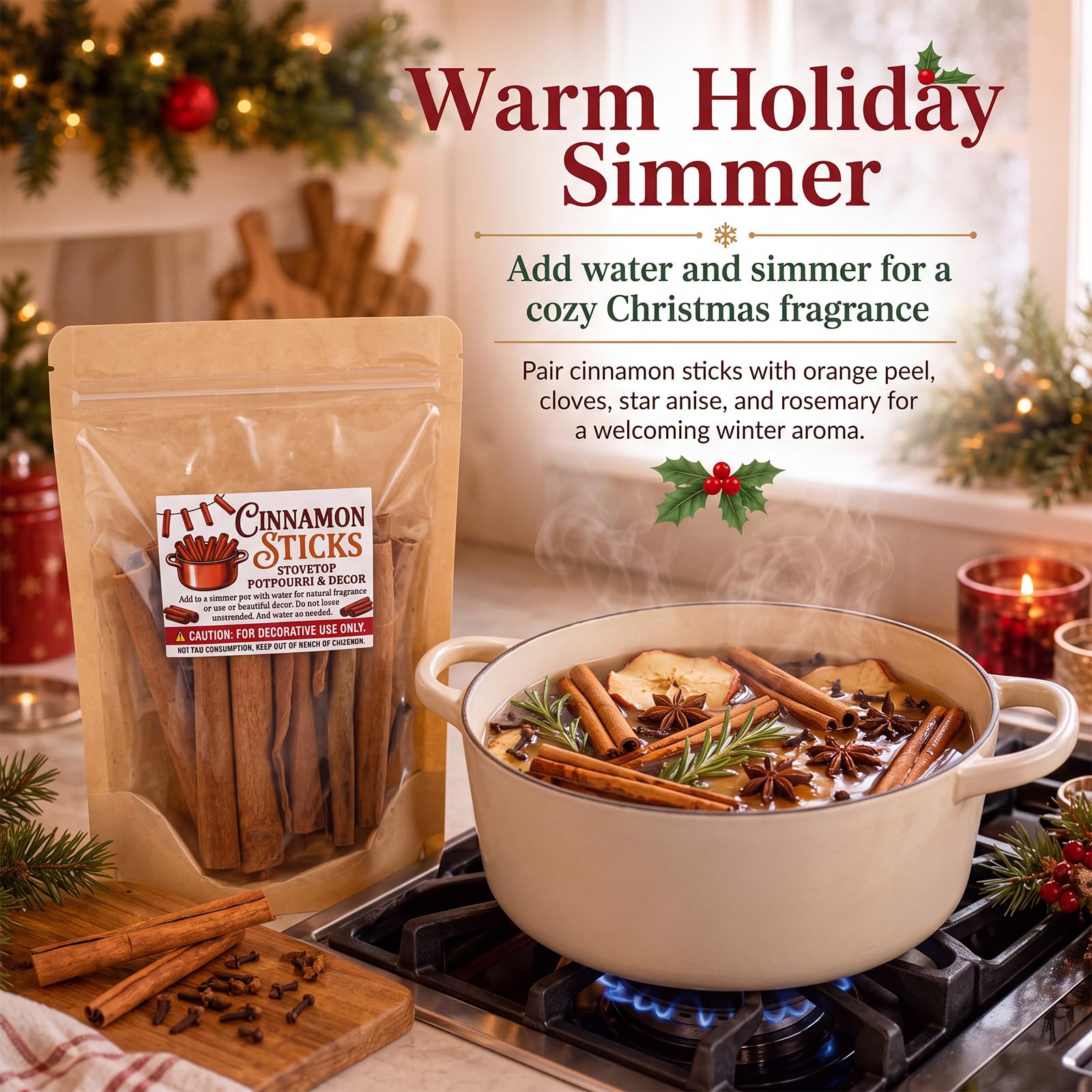 Lot de 6 pots pourris de Noël 480 g, bâtons de cannelle | Botaniques séchées sur la cuisinière avec autocollants, mélanges de pot-pourri d'épices non toxiques