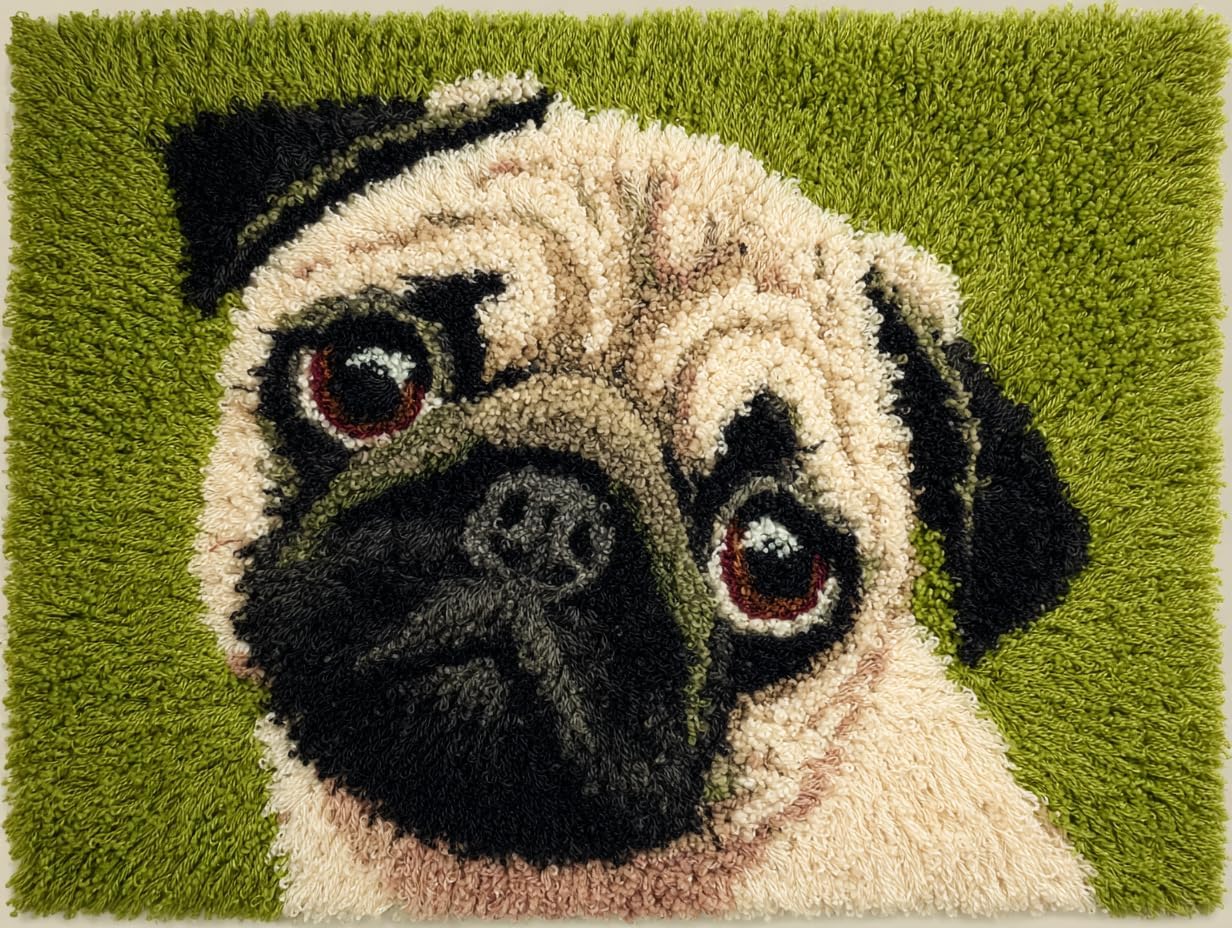 DIY Latch Hook Rug Kit Cute Pug Dog Portrait with Green Backgorund Color-Stamped Carpet Tapestry 52x38cm Yarn Hooking Crochet Mat Home Floor Decor-2