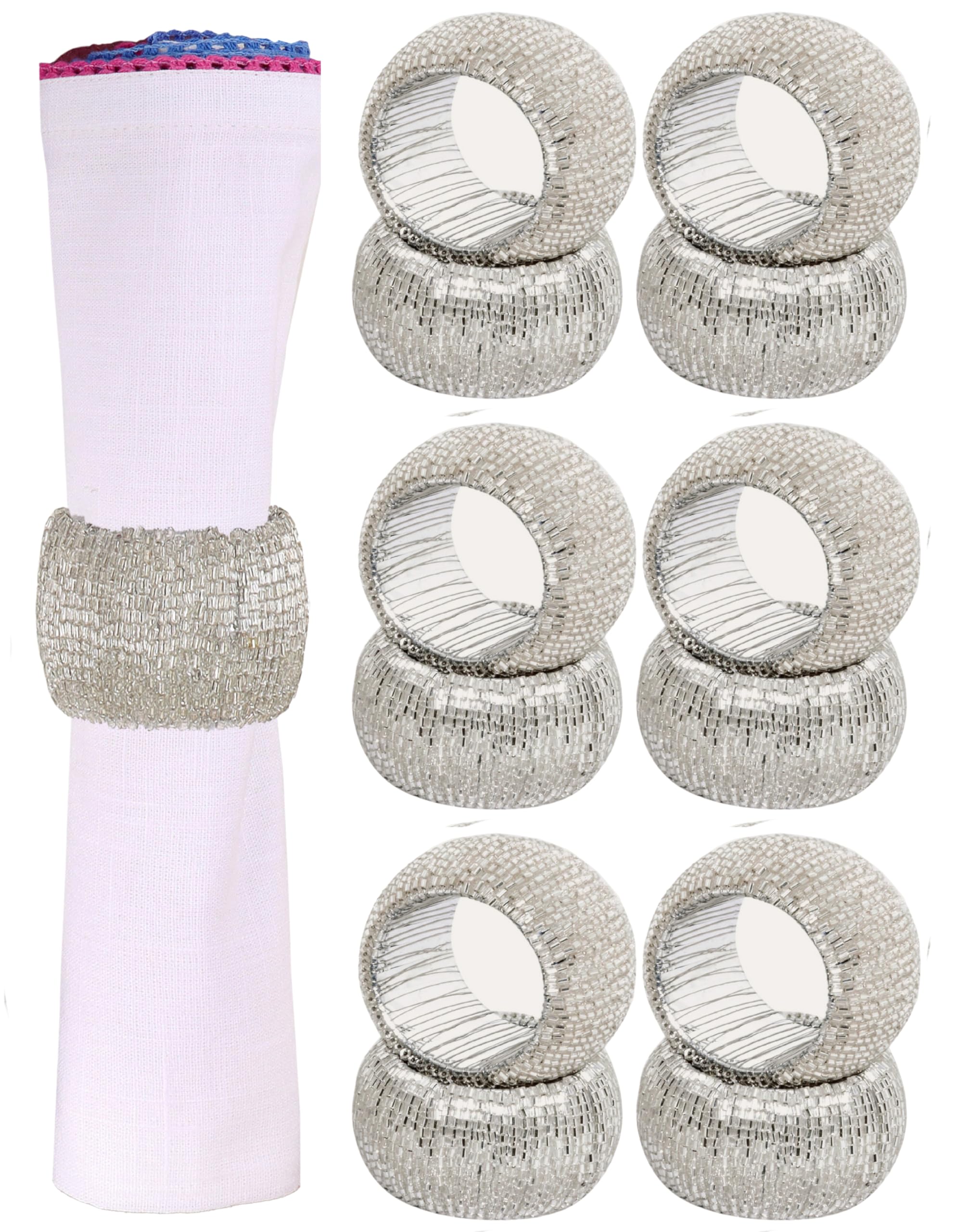 Set di 12 portatovaglioli con perline, fatti a mano da abili artigiani, per Natale, Ringraziamento, feste, decorazioni da tavolo, set di anelli decorativi per tovaglioli, argento