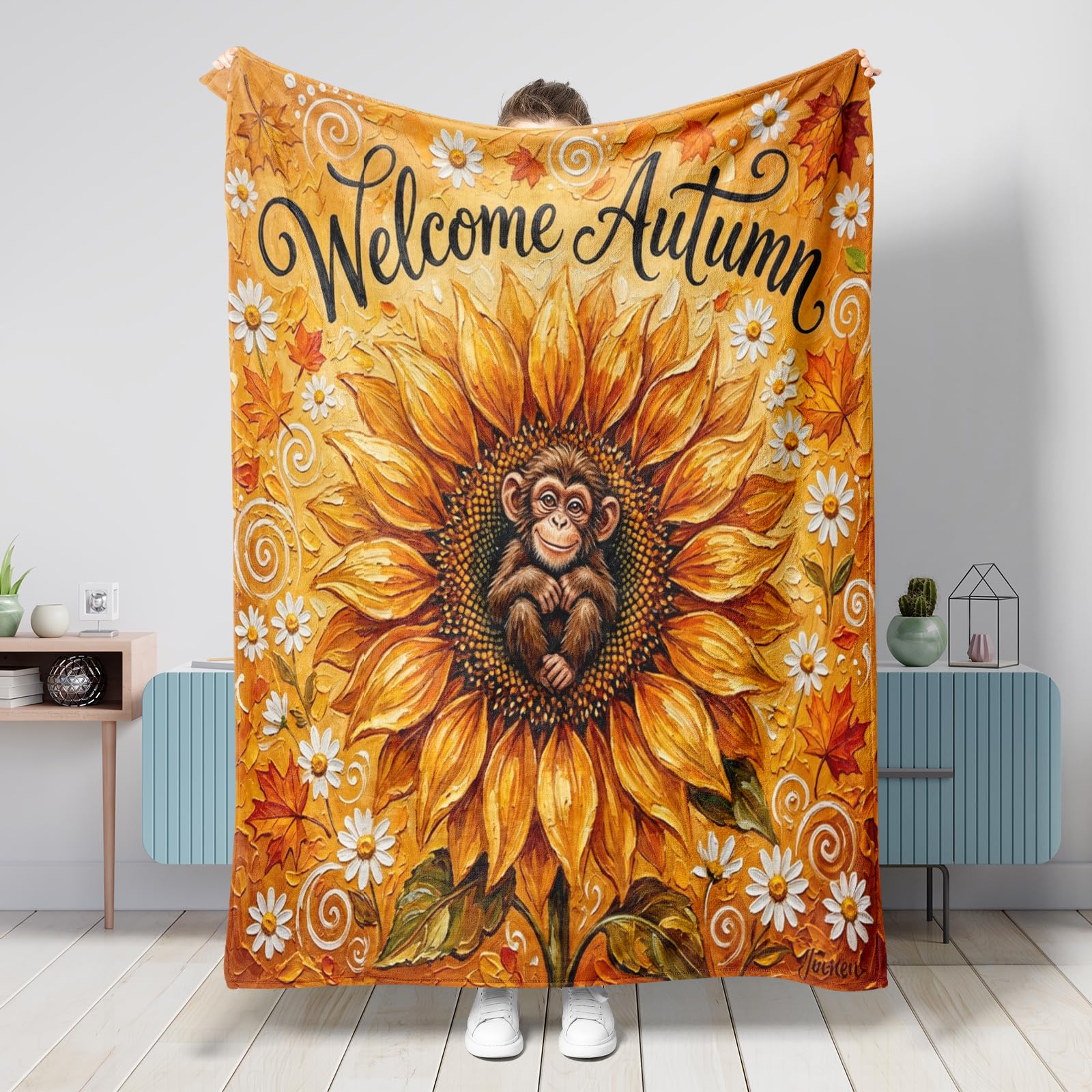 Couverture pelucheuse pour voyage et plage décor de vacances motif singe d'automne