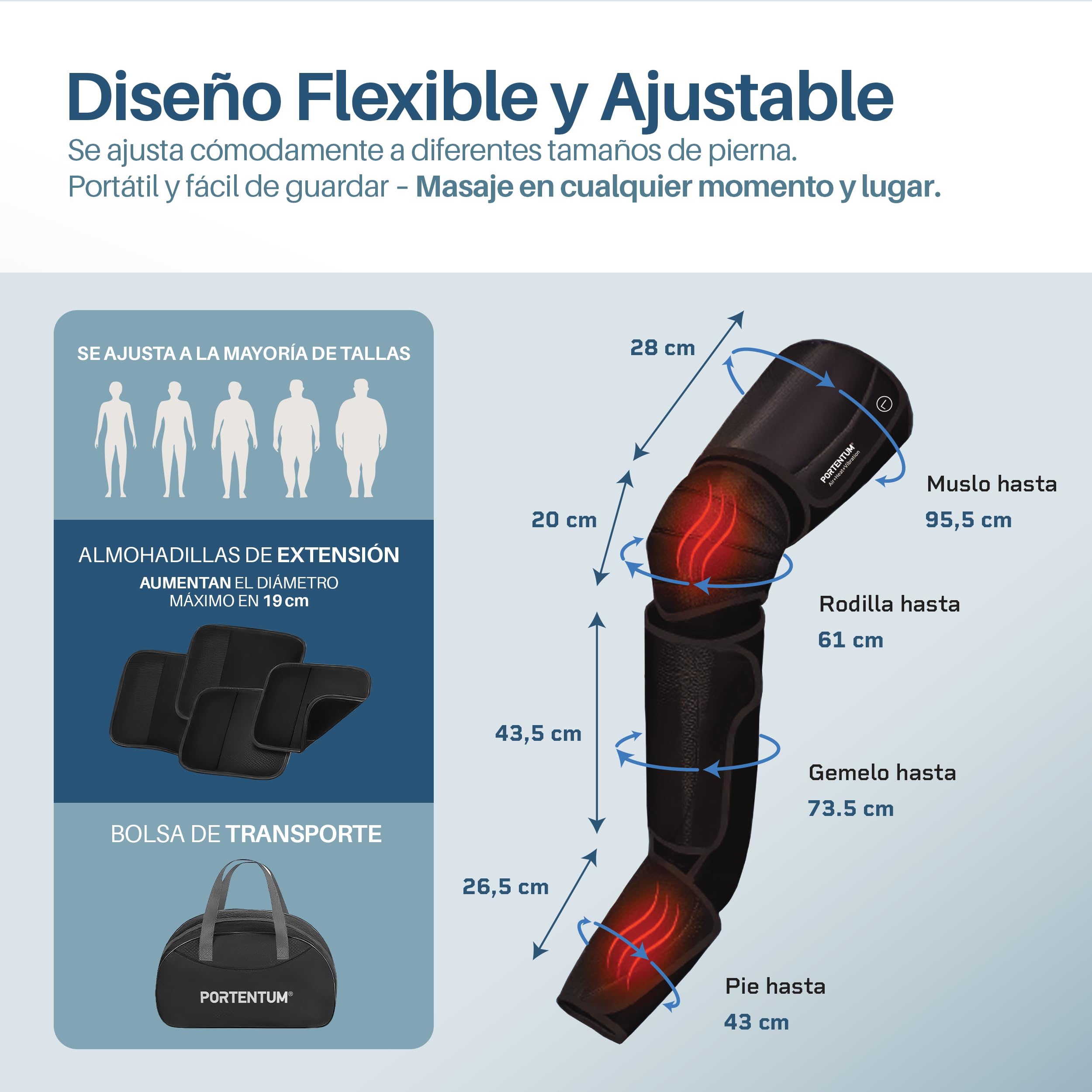 PORTENTUM Botas de presoterapia para casa con calor regulable – Masajeador piernas con 5 niveles de compresión de aire – Mando – Alivia piernas cansadas y mejora la circulación – Bolsa transporte