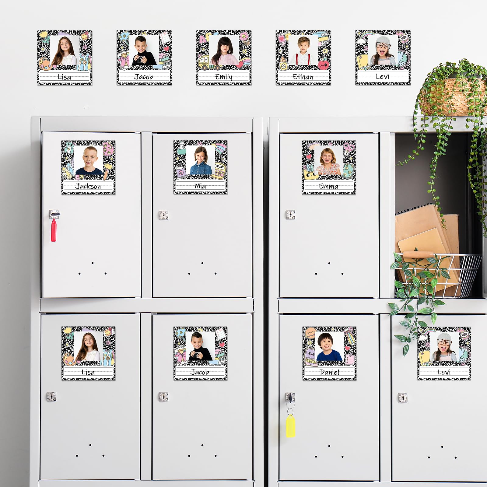 Lot de 54 étiquettes de nom autocollantes pour livre de composition, 12 x 11 cm, étiquettes autocollantes avec photo pour la rentrée scolaire, les bacs de bureau, les cubbies