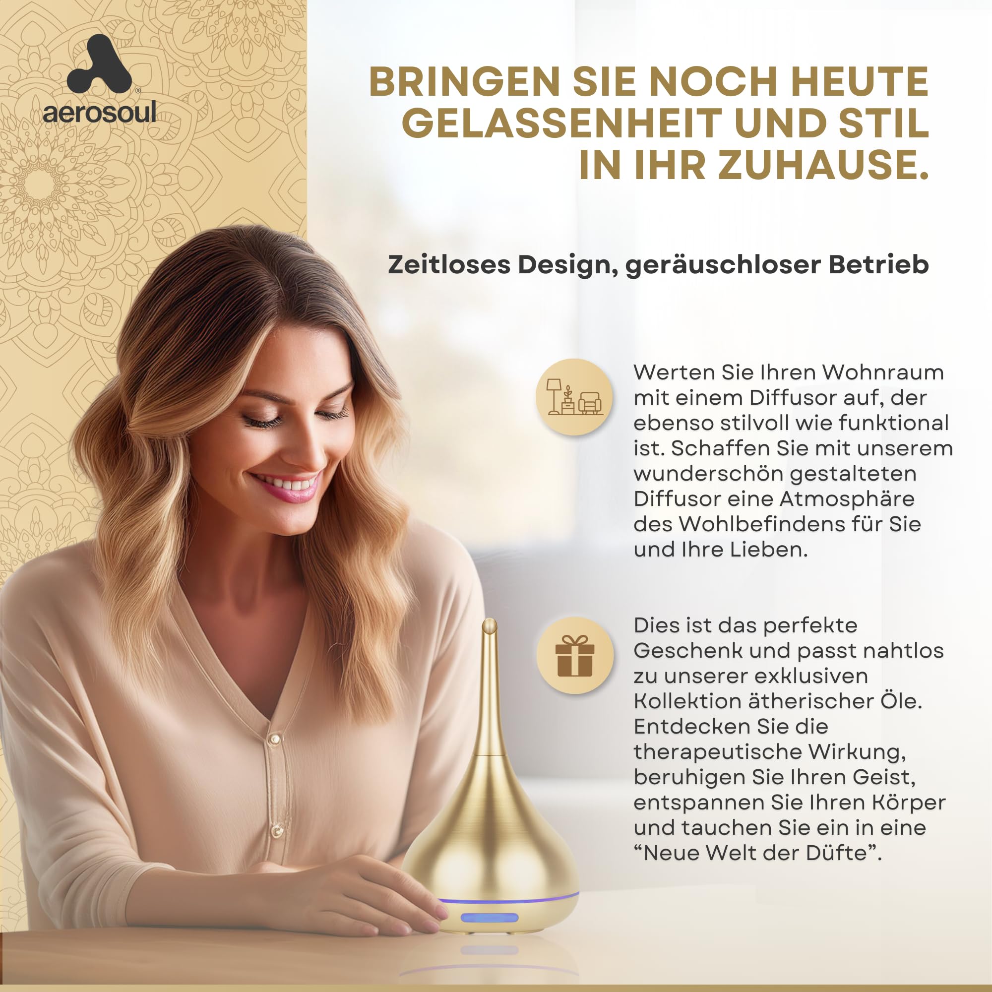 Aerosoul® Drop Aroma Diffuser 100ml Duftöl Diffuser 6h Nebel 7 LED, Gold