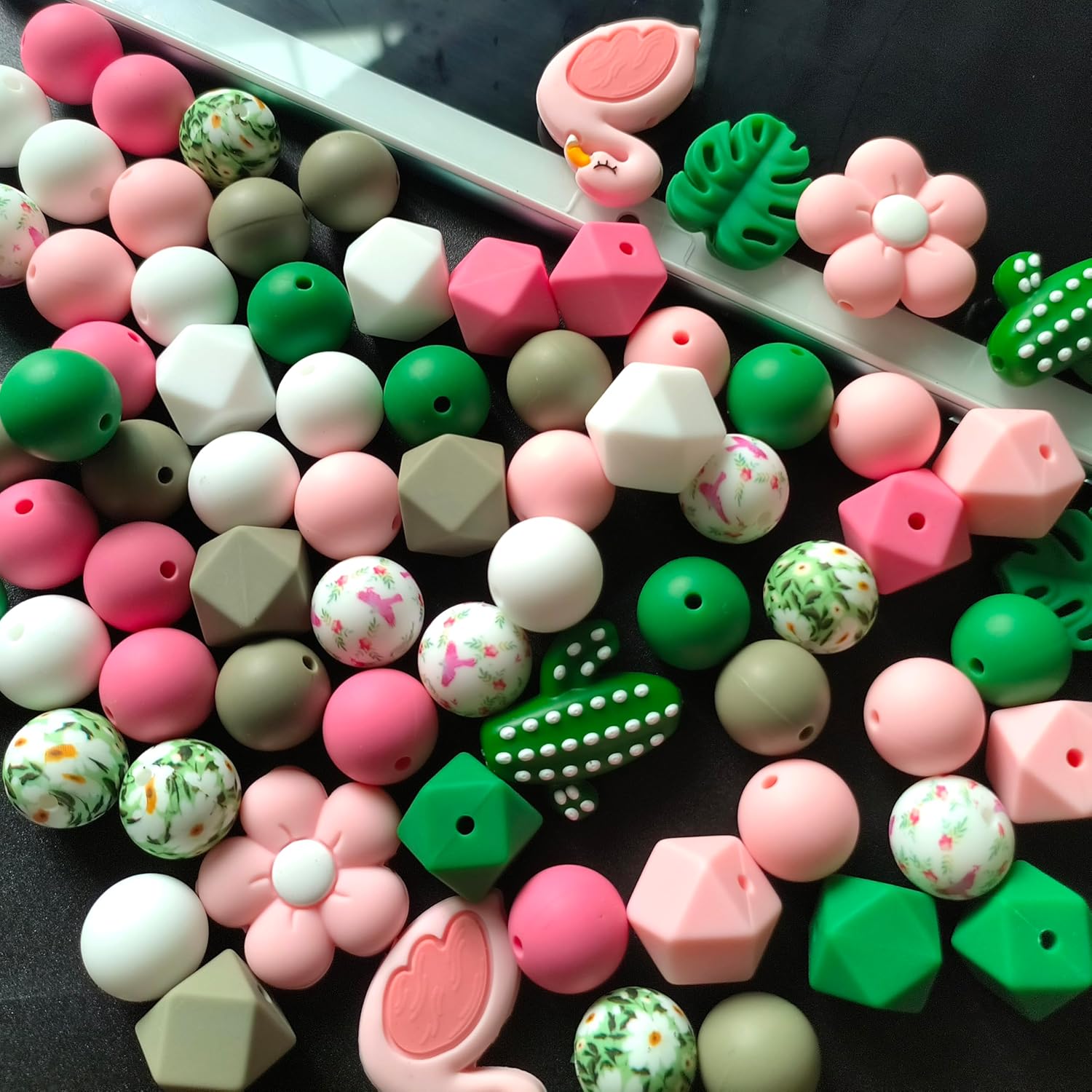 73Pcs Flamingo Silicone Beads Set Round Silicone Bead Bulk 15mm 14mm Pink Green Rubber Focal Beads Flower DIY Crafts Loose Spacer Bead for Pens Keychain Bracelet Necklace Lanyard Making - Image 3