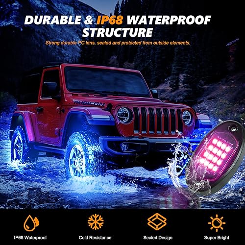 Miniatura 2 de 12 vainas RGB LED Rock Lights para camiones, Jeep, carrito de golf, camioneta, todoterreno, RV, UTV, ATV, SUV, kit impermeable multicolor para autos