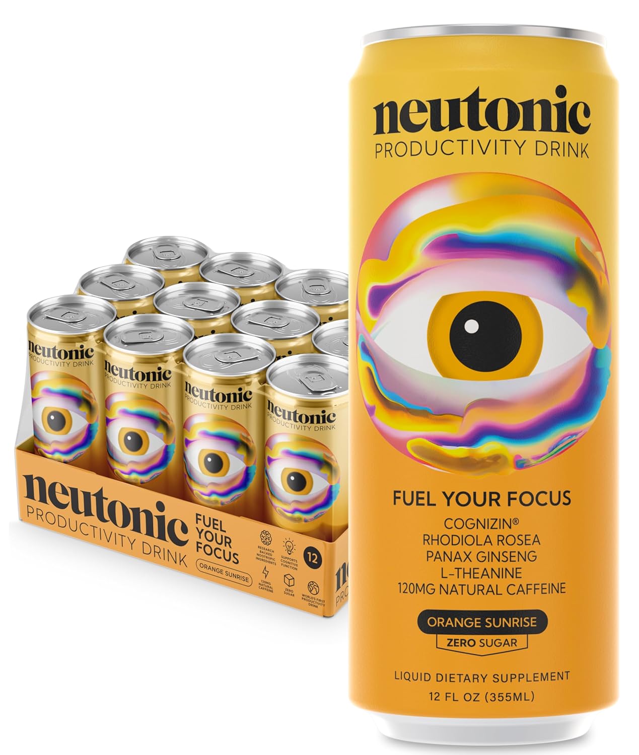 Neutonic Nootropic Productivity Energy Drink | Orange Sunrise 12 Cans | 120mg Natural Caffeine, Zero Sugar | Support Memory, Mental Clarity, Cognitive Function | Boost Focus, Energy, Brain Health