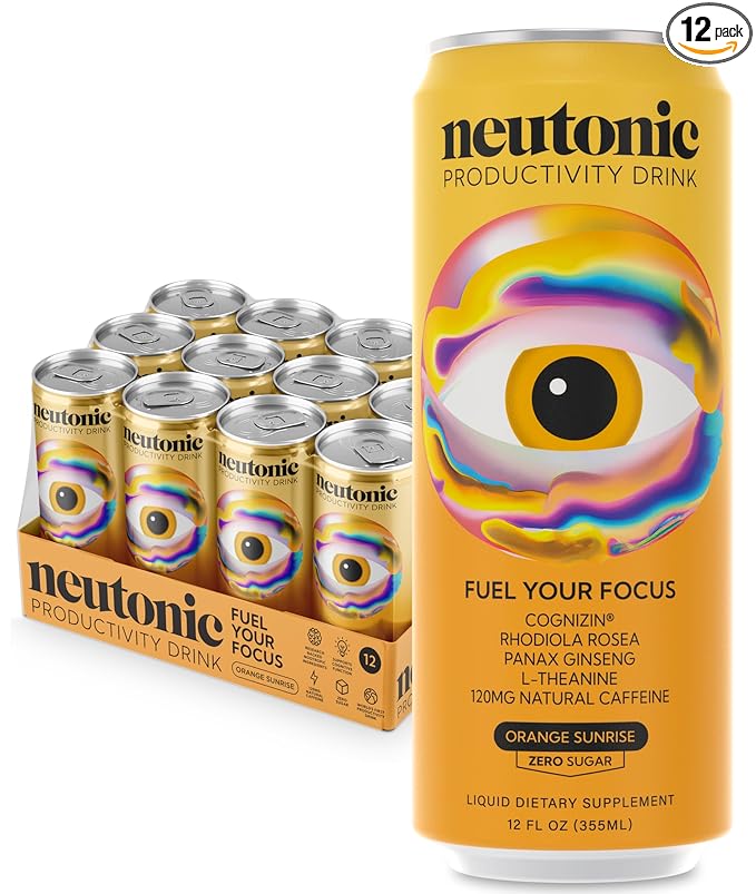 Neutonic Nootropic Productivity Energy Drink | Orange Sunrise 12 Cans | 120mg Natural Caffeine, Zero Sugar | Support Memory, Mental Clarity, Cognitive Function | Boost Focus, Energy, Brain Health