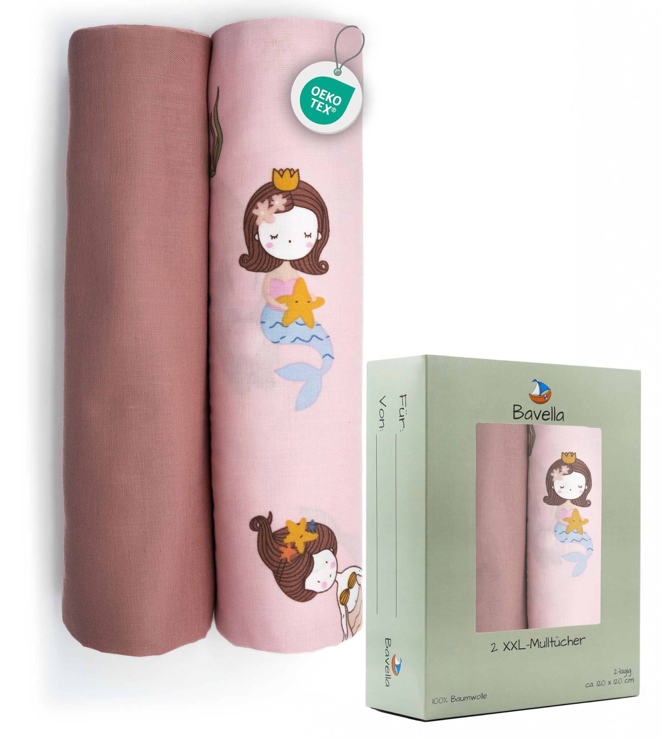 Bavella - 2er Set XXL Musselin Baby Decke & Tuch (ÖKO-TEX Zertifiziert) 100% Baumwolle (120x120cm) - Spuck-Tücher, Pucktuch & Musselin-Tuch für Jungen & Mädchen, Mulltücher Mullwindeln nachhaltig