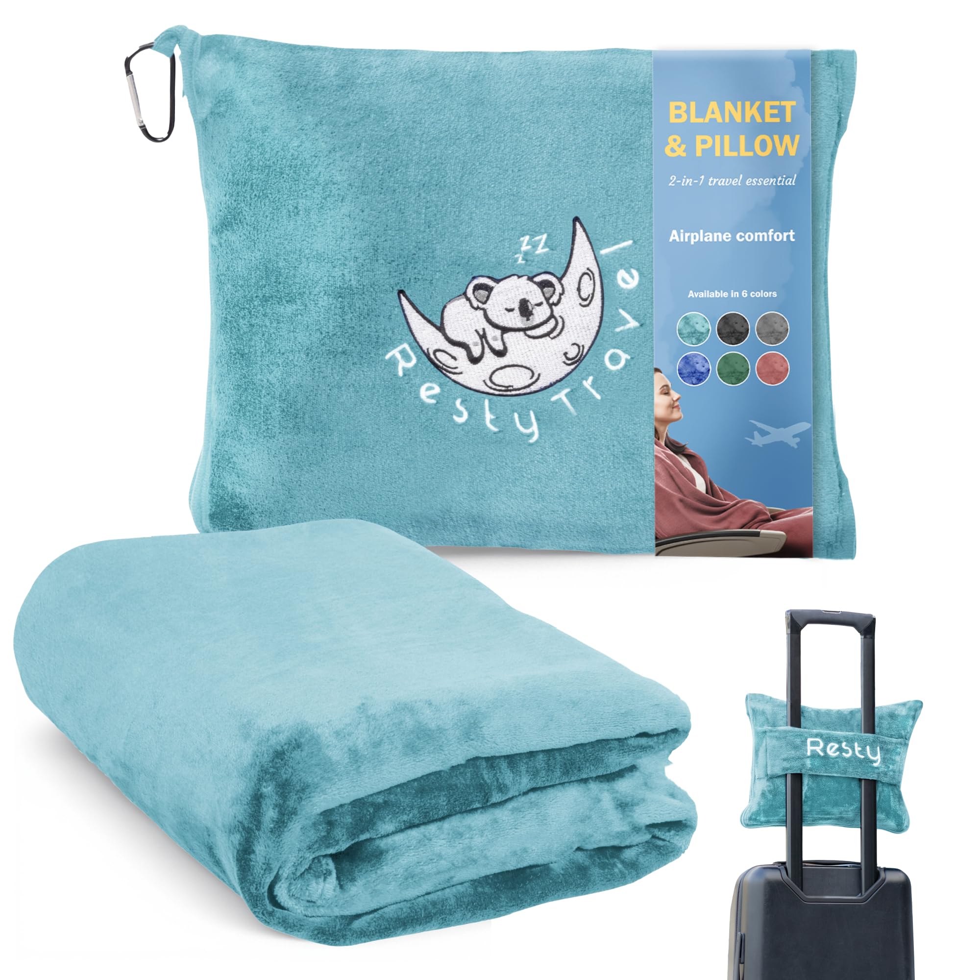 Resty 65"x40" Traveling Airplane Blanket, Baby Blue – Lightweight, Velvety Soft Blanket That Becomes a Travel Pillow – Must-Have Comfort for Planes &