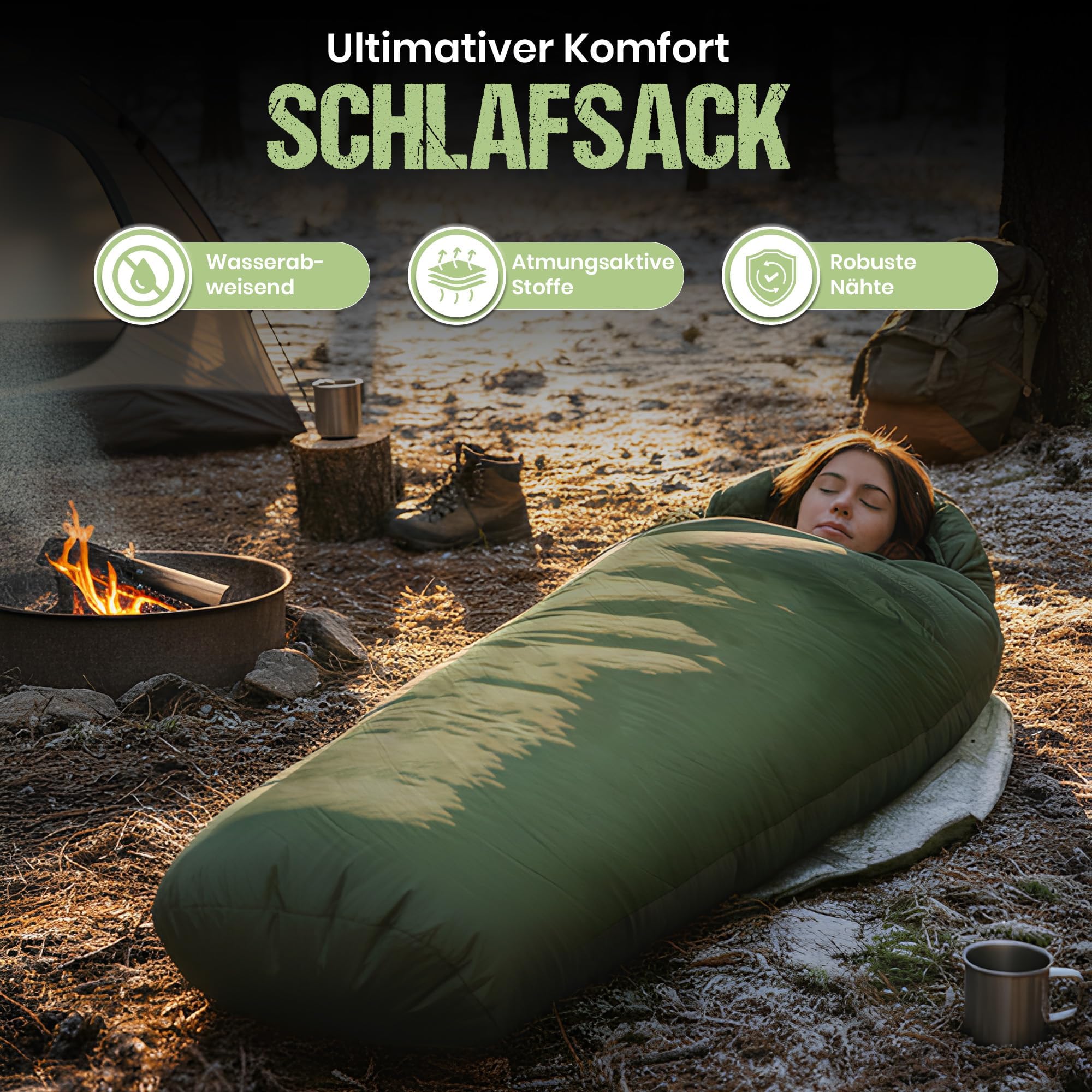 Mumien-Schlafsack Thermo 3-Jahreszeiten High-Tech Mikrofaser Schlafsack bis -13°C; Leicht, Kompakt, Warm (Olivgrün)