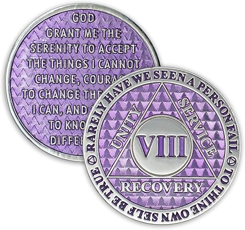 Moneda de sobriedad de 8 años  Chip AA Legacy  Ficha de aniversario de recuperación de triplaca gruesa (lavanda)