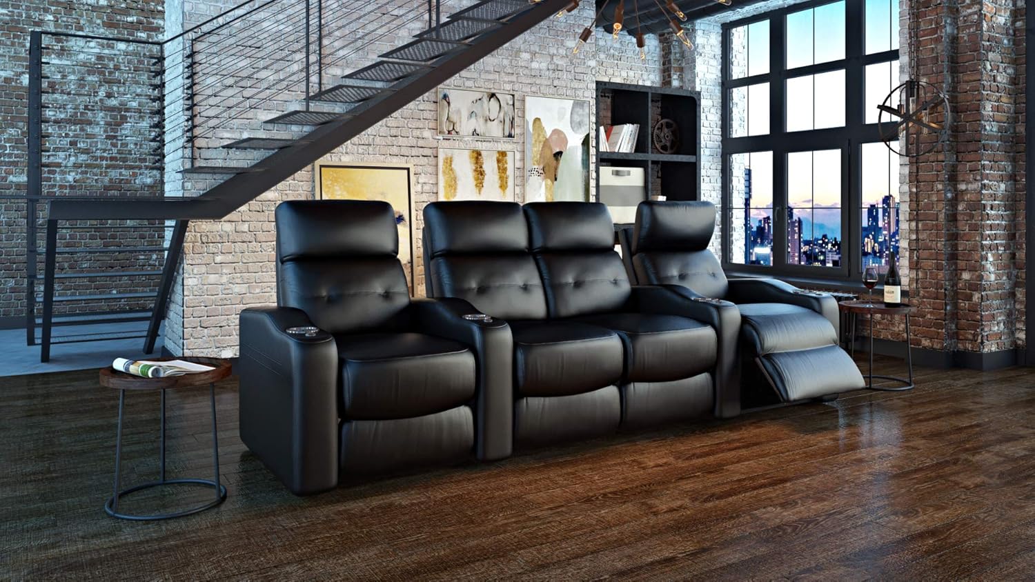 Octane Contour Leather Power Headrest & Power Recline Home Theater Recliners, Black (Row of 4 Center Loveseat)