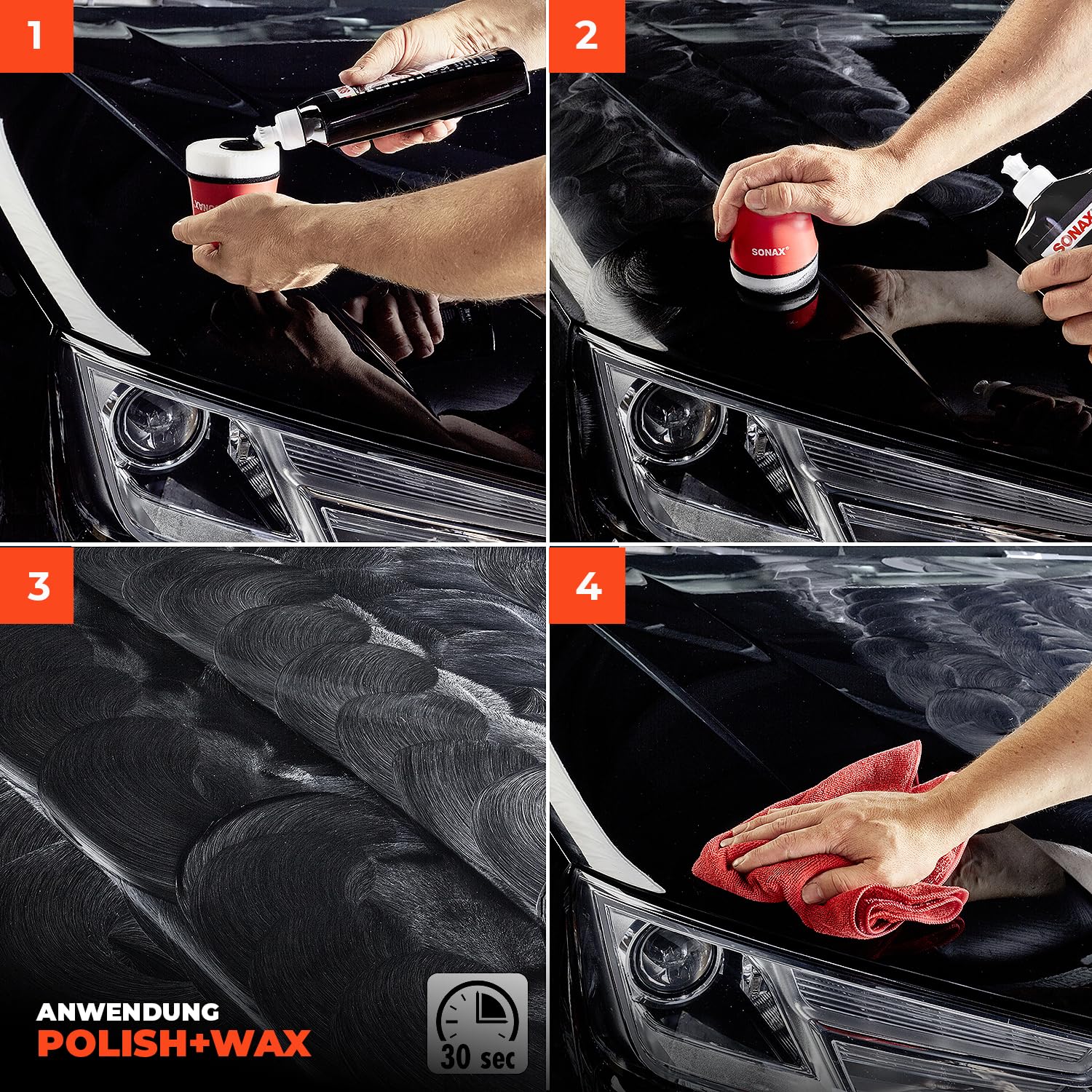 Politurset: SONAX Polish+Wax Color schwarz (500 ml) Auto Politur mit schwarzenFarbpigmenten und Wachsanteilen +Applikator + Mikrofasertücher | mühelos zum perfekten Polierergebnis | 6-Teilig