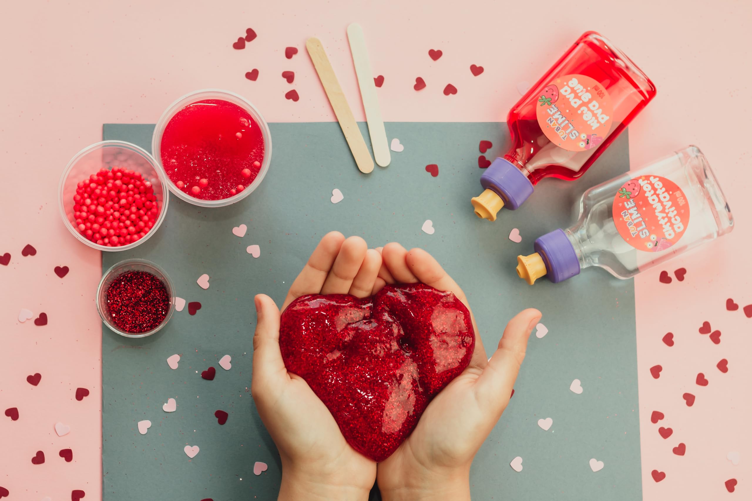 TUBAN DIY Zestaw Slime – Klej – Aktywator – Neonowy Brokat – Pojemnik – Szpatułka – Zabawka dla Dzieci – Idealny Prezent na Urodziny – Truskawka