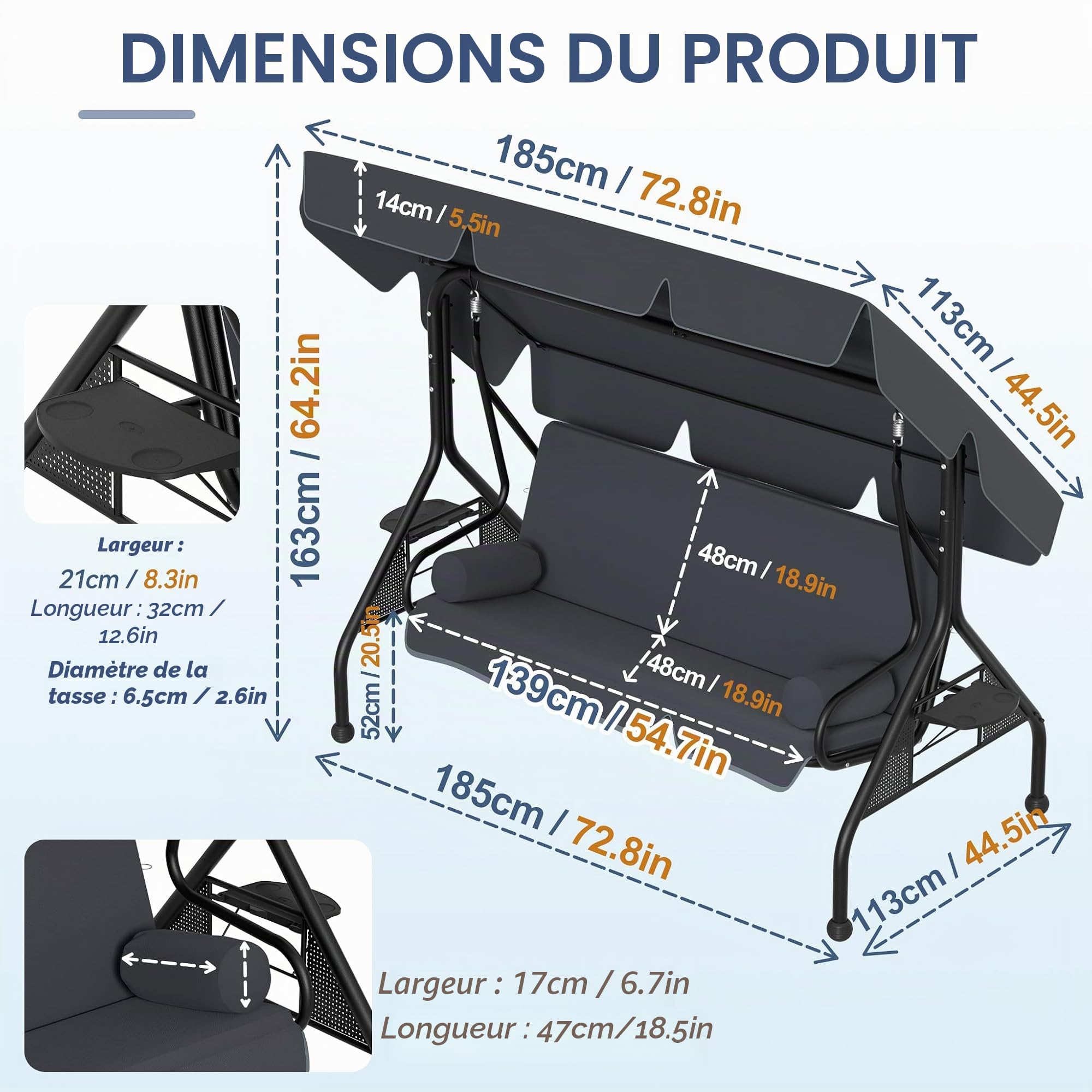 UISEBRT Balancelle de jardin 3 places avec fonction inclinable, 2 coussins, 2 plateaux, banc pour extérieur, supporte jusqu'à 350 kg, pour jardin, piscine, terrasse, anthracite