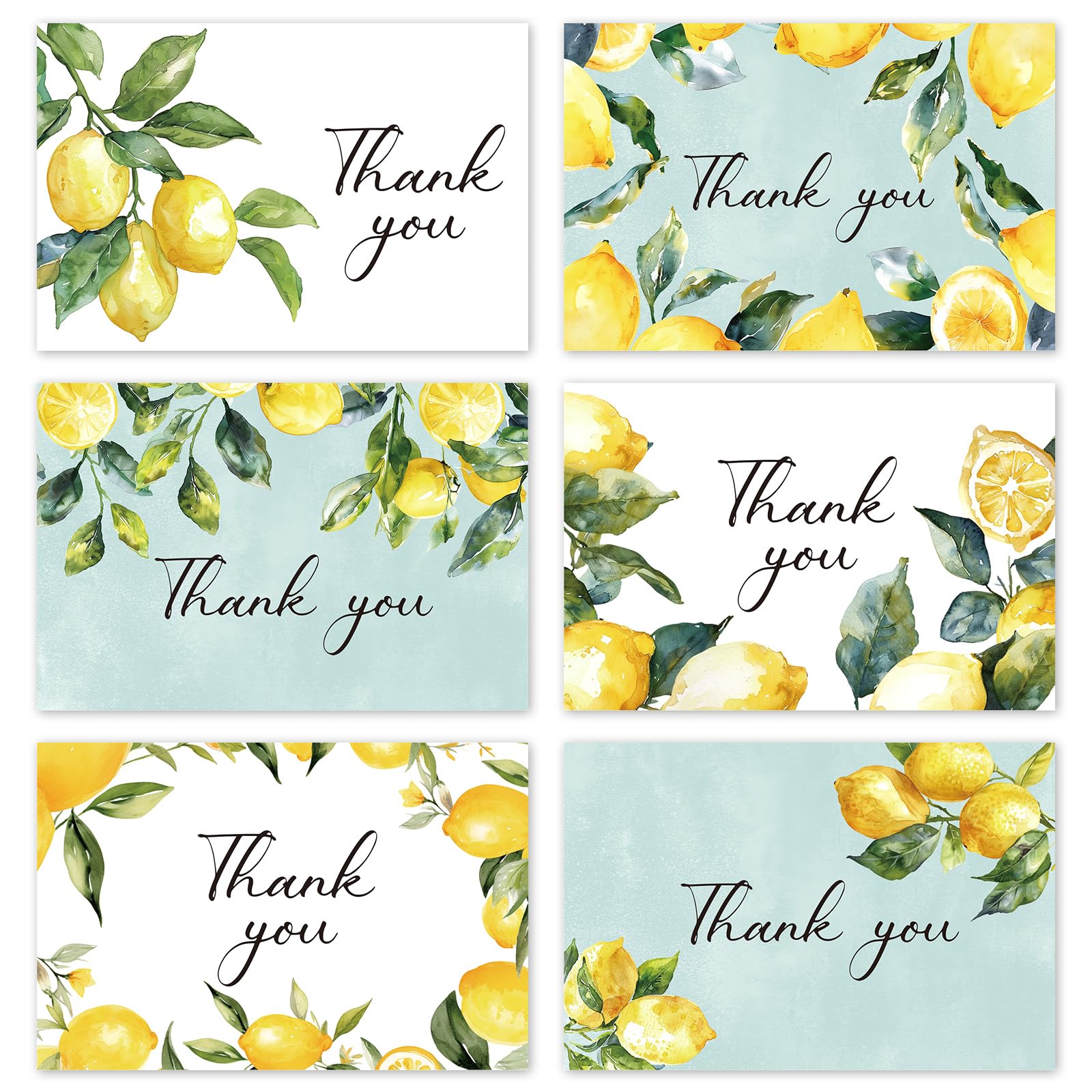 FYSUIMU 36 Packs Lemon Thank You Cards Watercolor Lemon Fruit Greeting Cards 6 Designs Blank Note Card with Envelopes and Stickers for Summer Birthday
