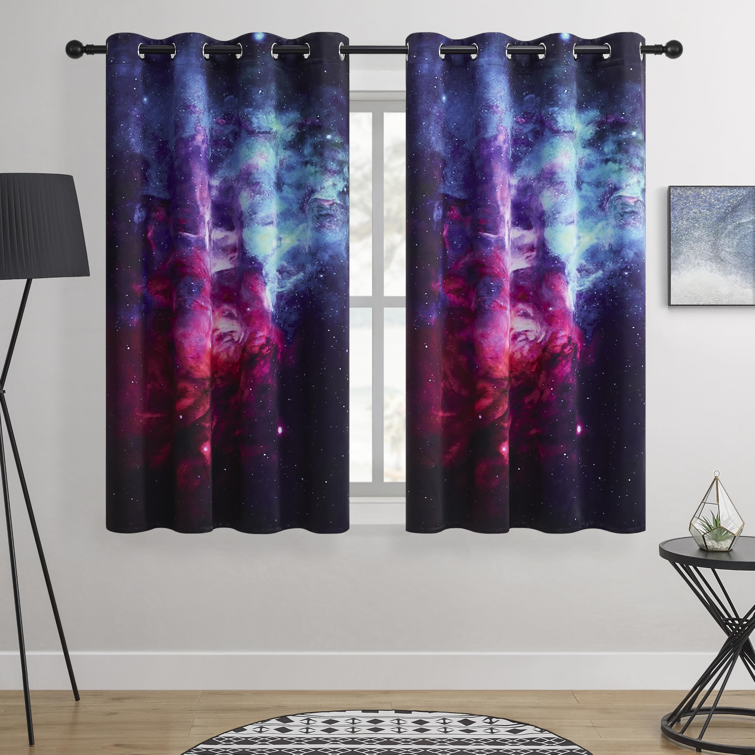 Galaxy Blackout Curtains - Space Design, 100% Blackout, 2 Panels, Each W52×L63, Thermal Insulated Curtains for Bedroom, Noise Reducing & Energy