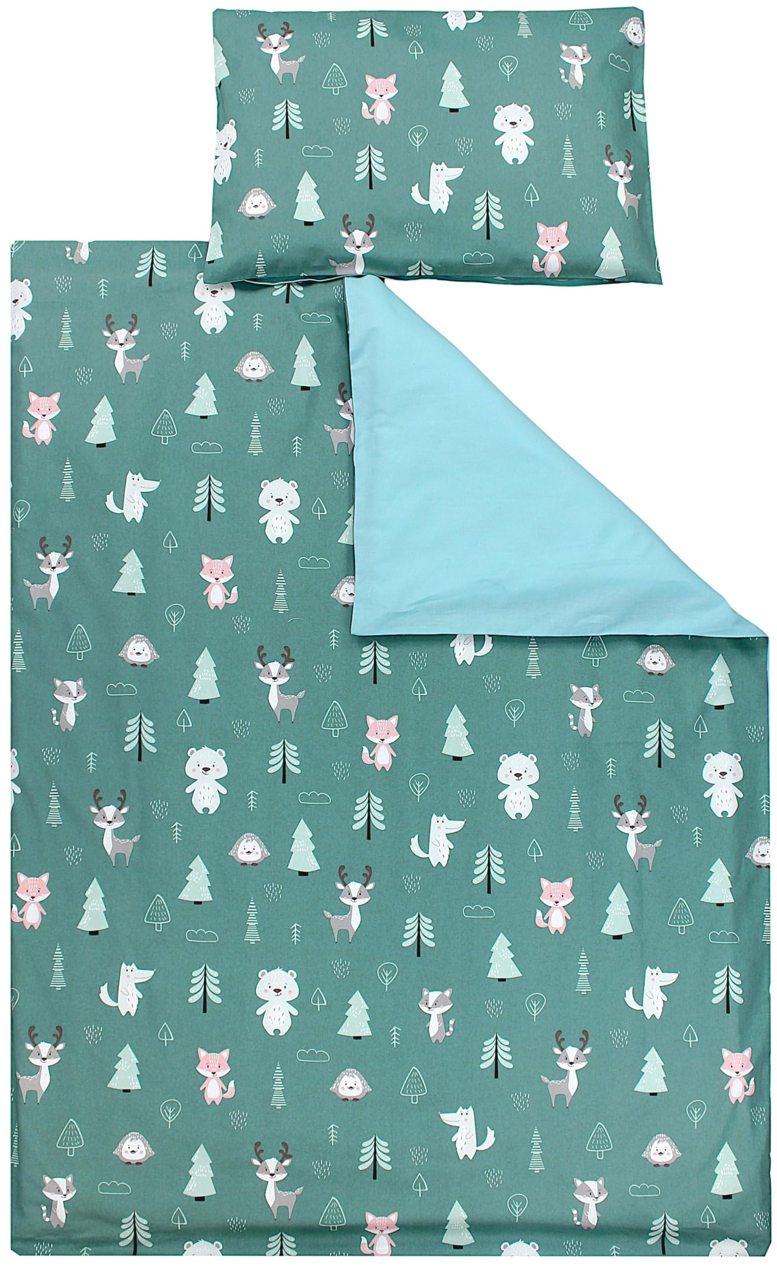 TupTam Kinder Bettwäsche Gemustert 2-Teilig Wendebettwäsche, Farbe: Wald/Fuchs/REH/Igel/Bärchen/Grün/Mint, Größe: 120x90 cm
