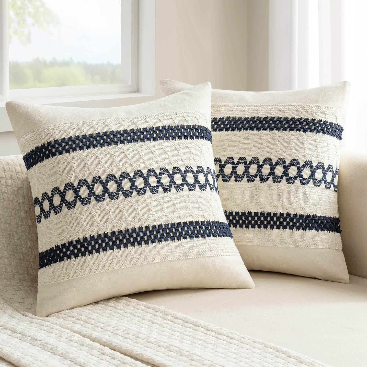 MIULEE Set of 2 Navy Blue Boho Decorative Pillow Covers 18x18 Inch