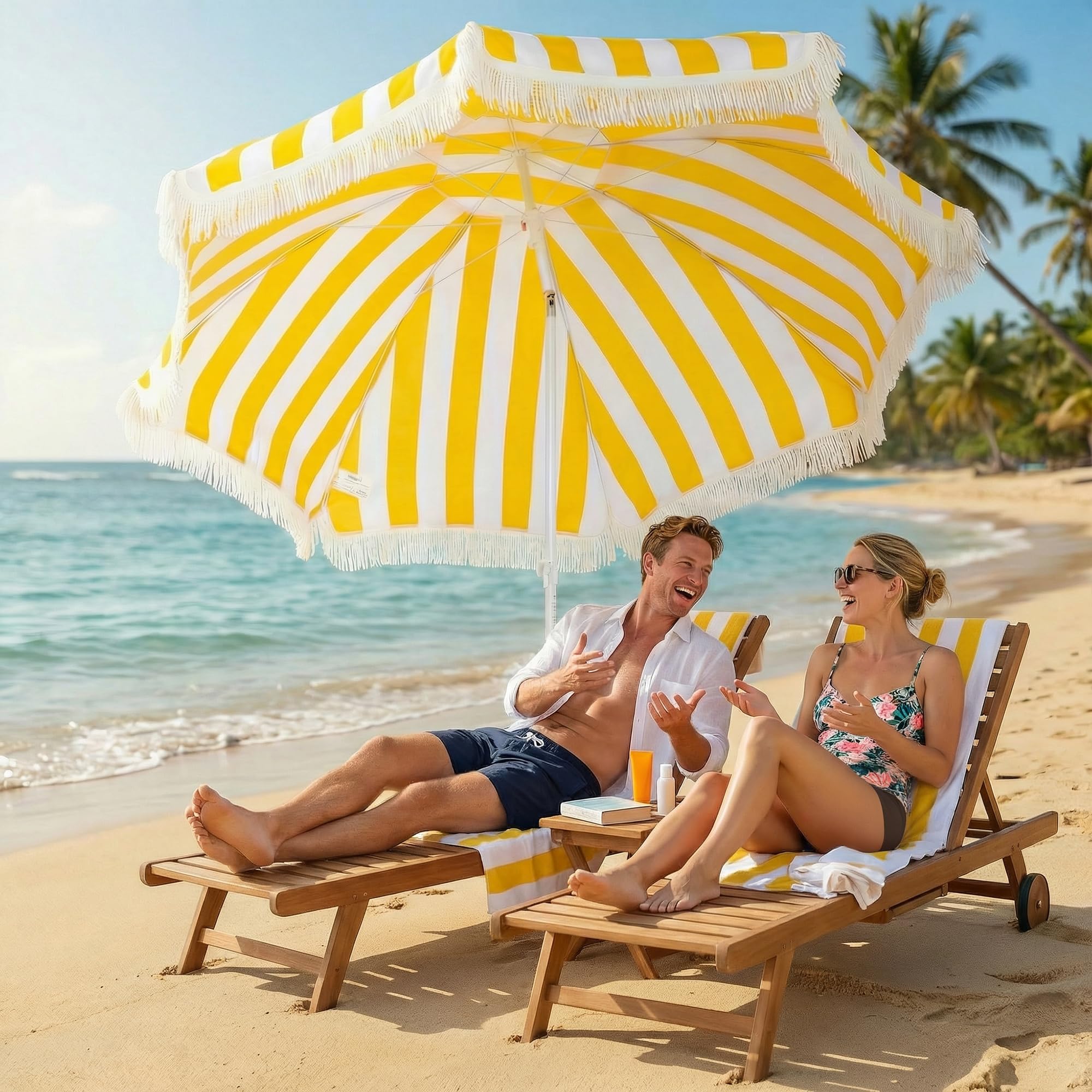 Outsunny Sonnenschirm Strand Ø180 cm windfest Strandschirm mit Sandanker verstellbarer Neigung Tragetasche Balkon-Schirm Gartenschirm sicherer Sonnenschutz für Reisen Strand Balkon Camping Gelb+Weiß