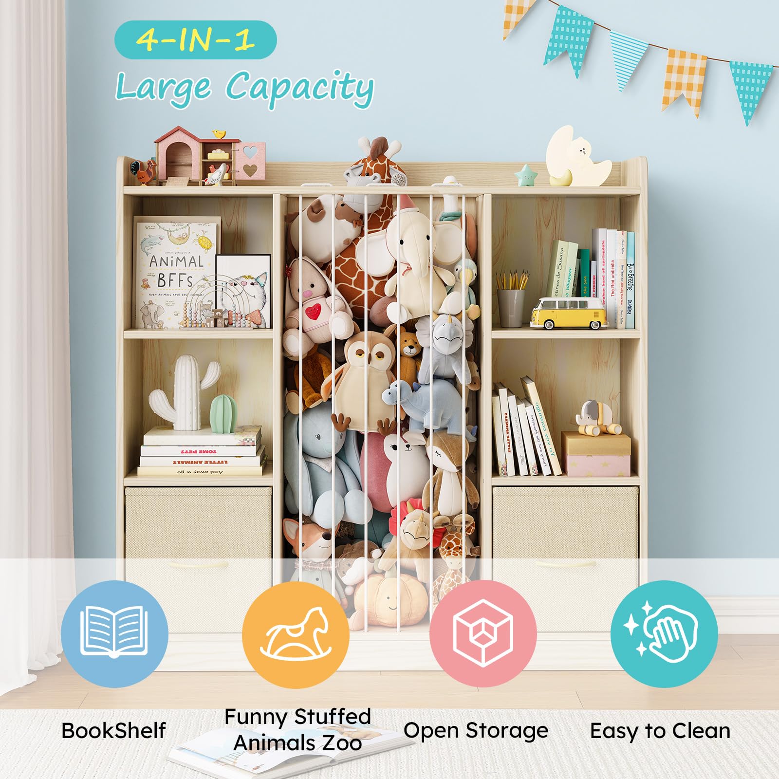 Organizer per giocattoli con contenitore per peluche, organizer per giocattoli in legno e animali di peluche, 6 scaffali a cubo con cassetti rimovibili, libreria 4 in 1 per la cameretta dei bambini