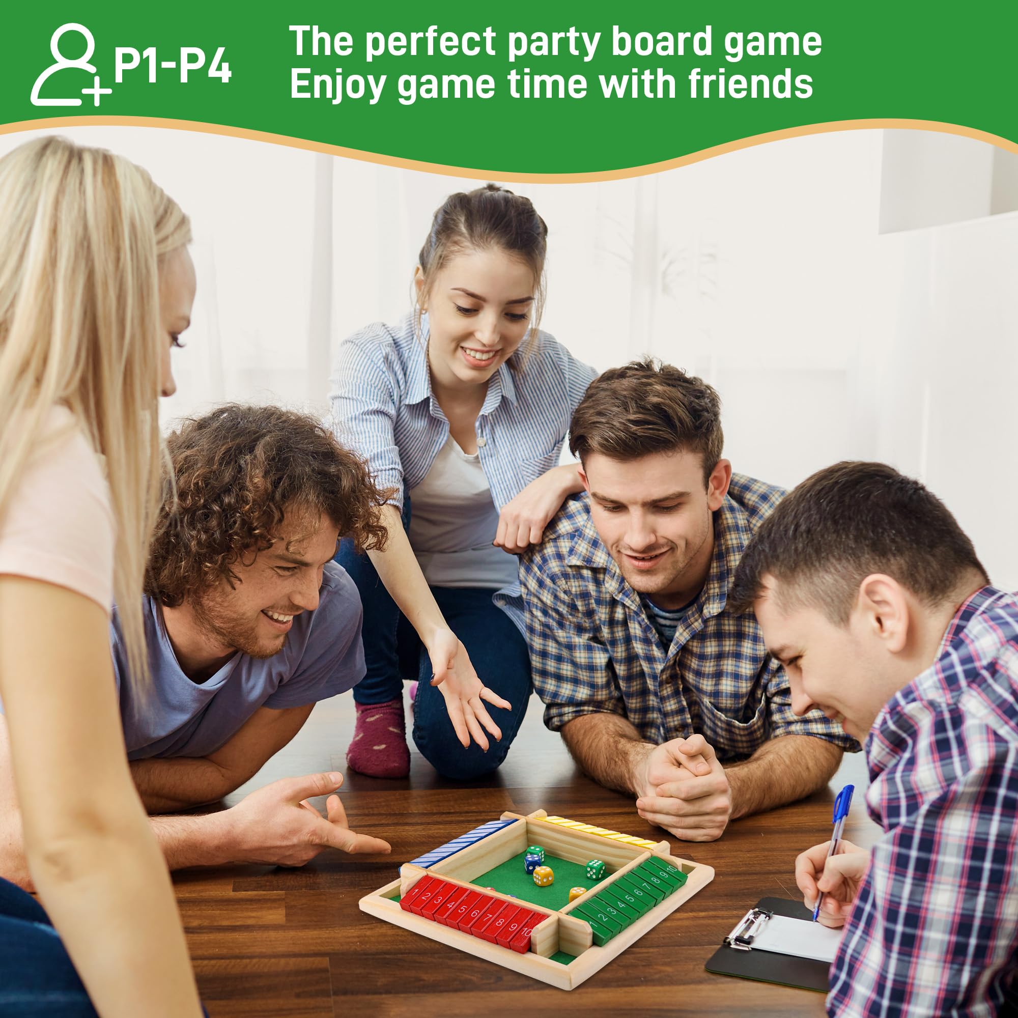 Starvortex Gra planszowa w kości z drewna, edukacyjne Shut The Box na 4 graczy, kolorowa taktyczna gra planszowa z 8 kośćmi, wysokiej jakości drewniane gry, gry w kości dla dorosłych i dzieci