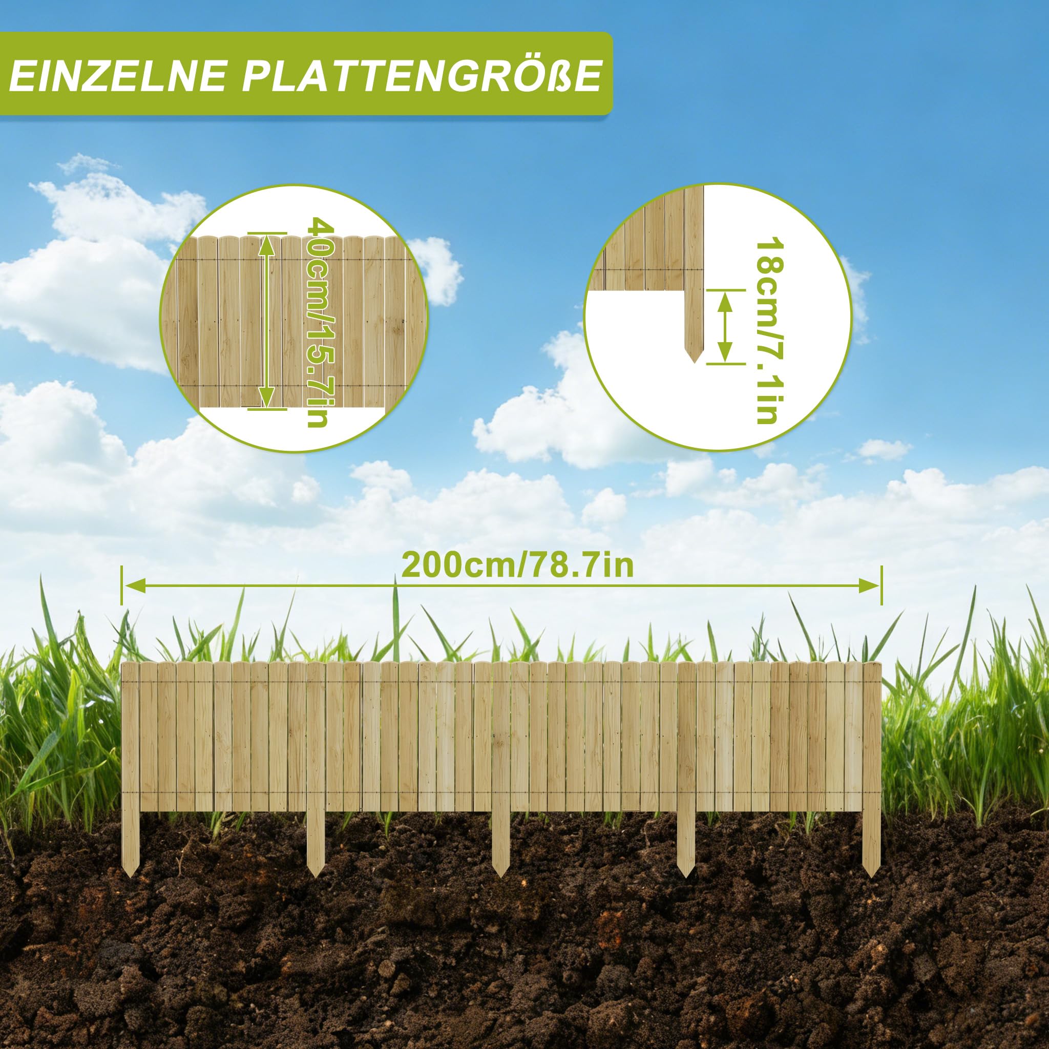 UISEBRT Drewniane obrzeże trawnika, elastyczne ogrodzenie drewniane, krawędź do koszenia, drewniana palisada, ogrodzenie wtykowe do ogrodu, obramowanie rabatki, długość 200 cm, wysokość 40 cm