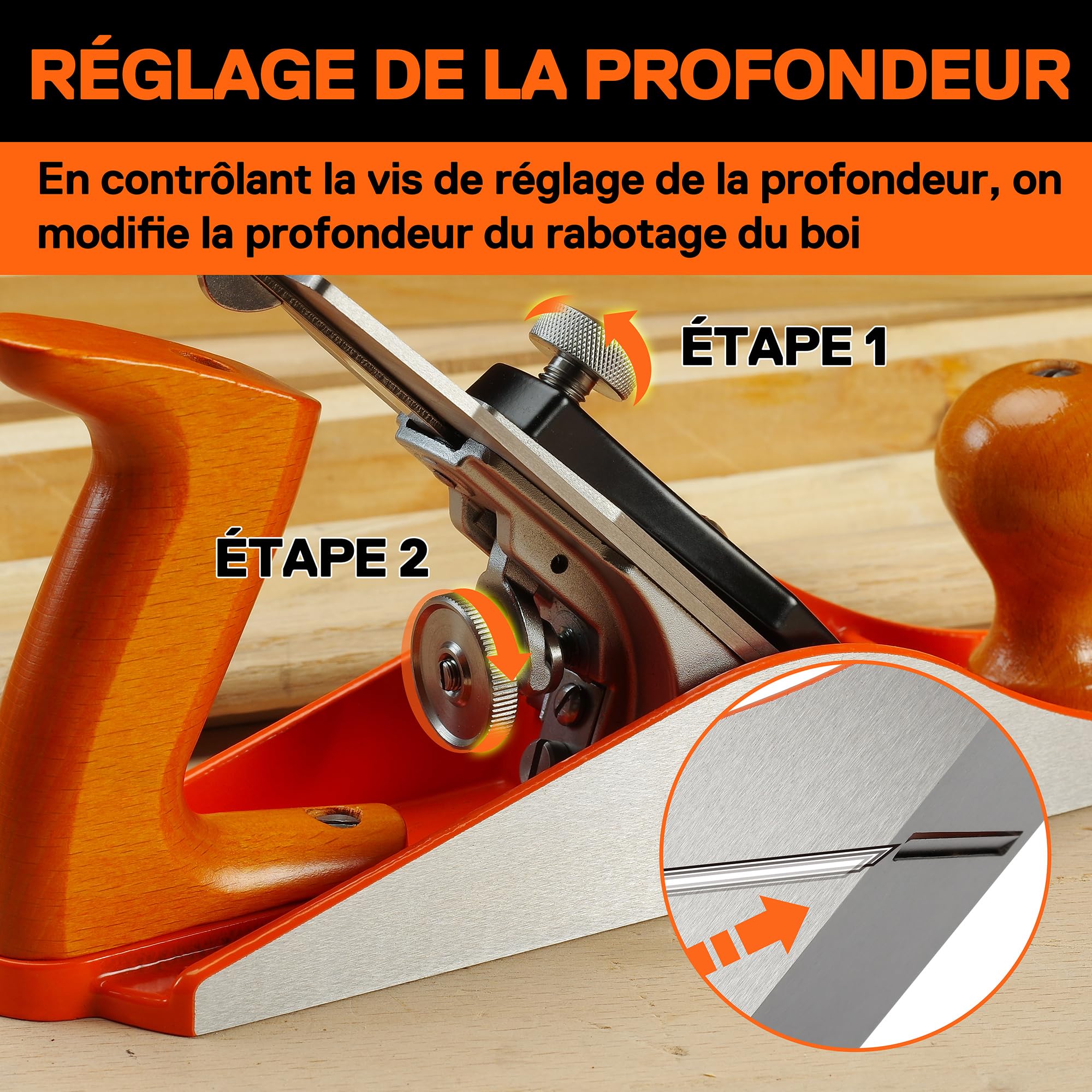 JORGENSEN Rabot N°4 à Bois, Rabot à Main Menuisier Manuel pour Travail du Bois, Corps en Fonte, Réglage de Profondeur de Coupe, Finition Précise pour Ébéniste, etc