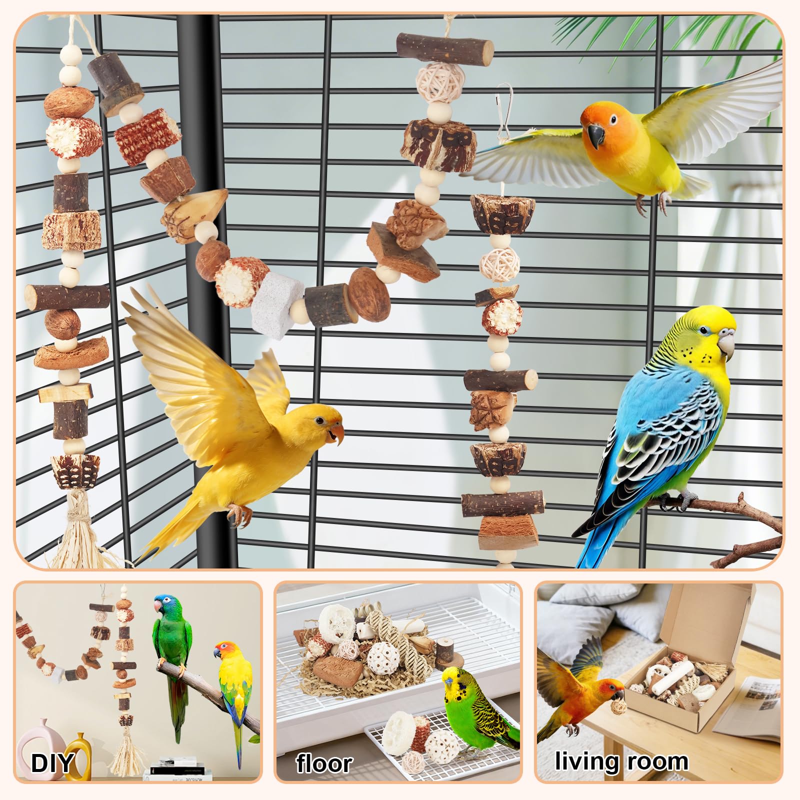 Juguetes para pájaros, caja de forraje natural para loros, juguetes para periquitos, cuerda colgante para cacatúas, conures, pájaros amorosos y otros accesorios de jaula de pájaros pequeños a
