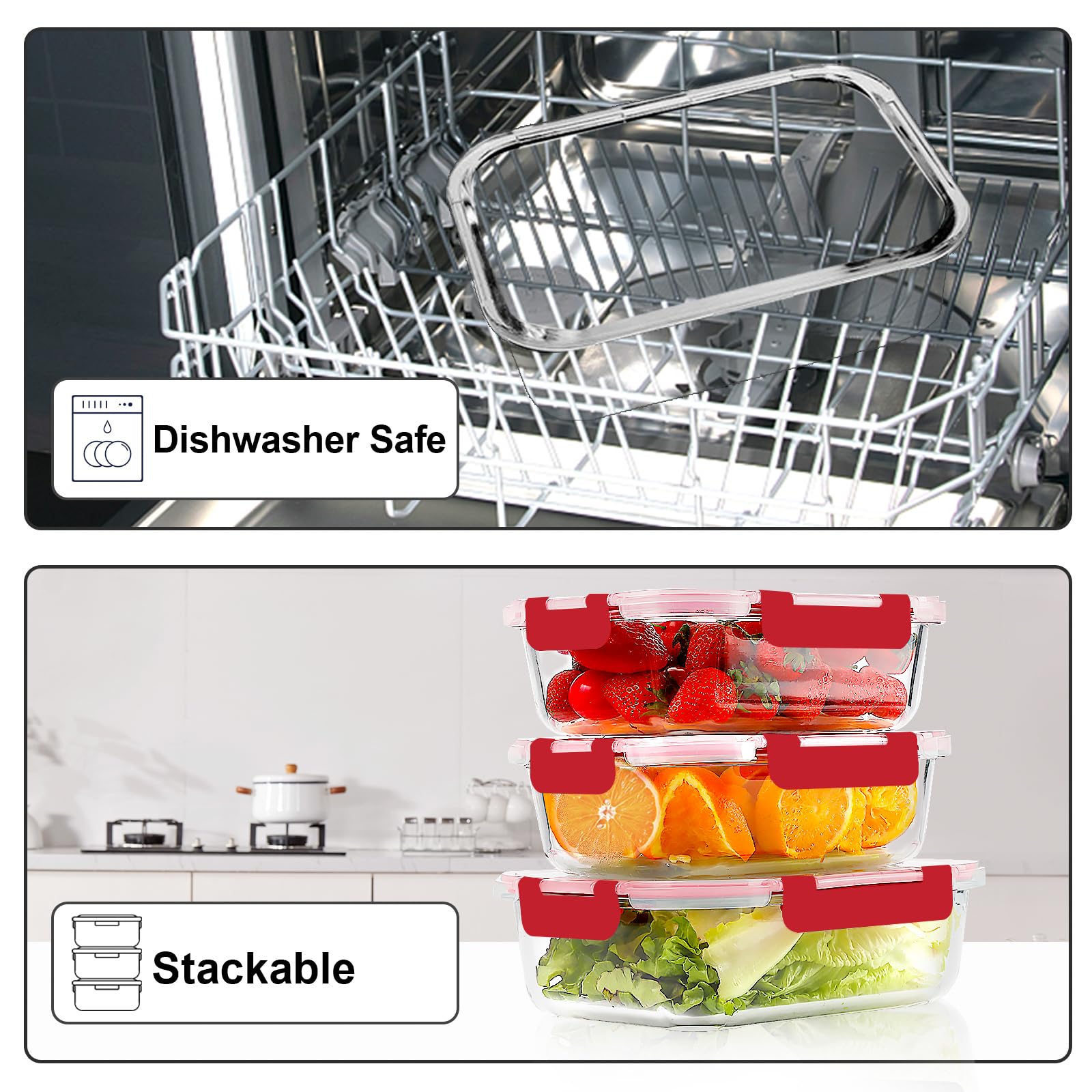 VERONES 10 Stück 625 ml Glas-Mahlzeiten-Vorbereitungsbehälter, luftdichtes Glas-Lunchbehälter-Set, Glas-Frischhaltedosen mit Deckel, exklusiv von BPA, für Mikrowelle, Backofen, Gefrierschrank und