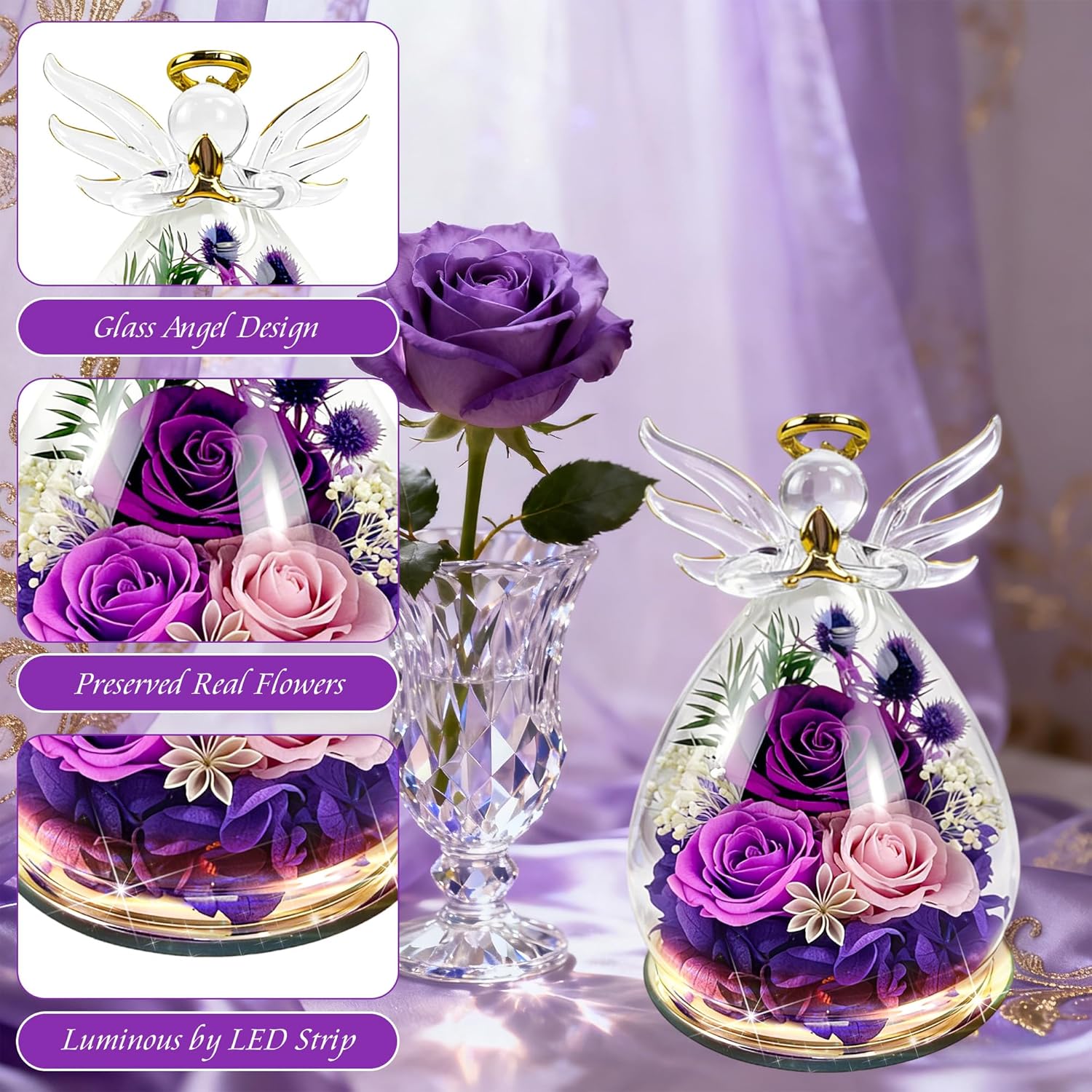 Purple Rose Valentines Day Gifts for Her Birthday Gifts for Women, Forever Rose in Glass Flowers for Delivery, Preserved Rose Angel Figurine for Mom Grandma, Mother’s Day Birthday Gifts - Image 5