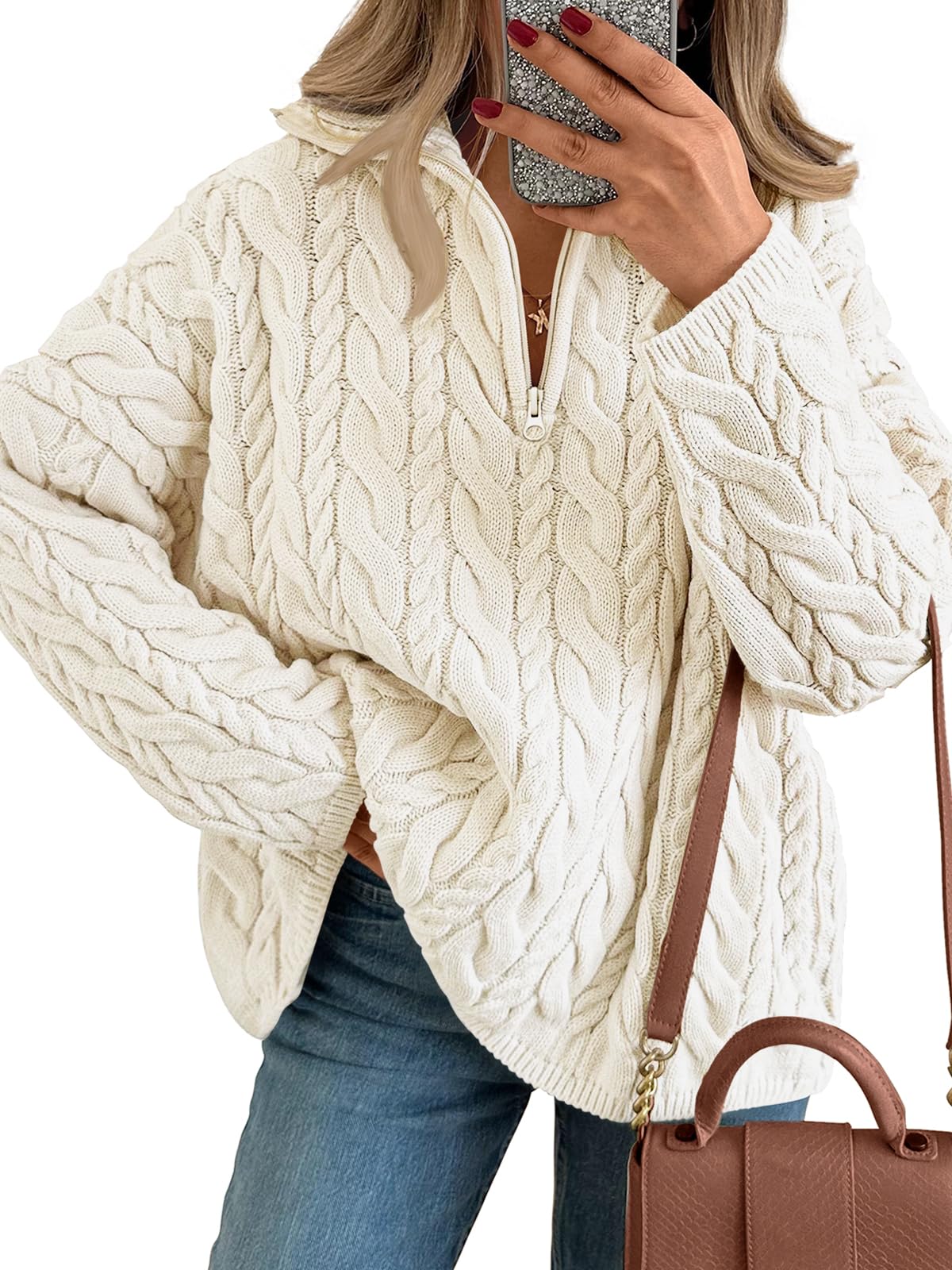 Trendy Queen Womens Oversized Cable Knit Quarter Zip Up Pullover Sweaters 2025