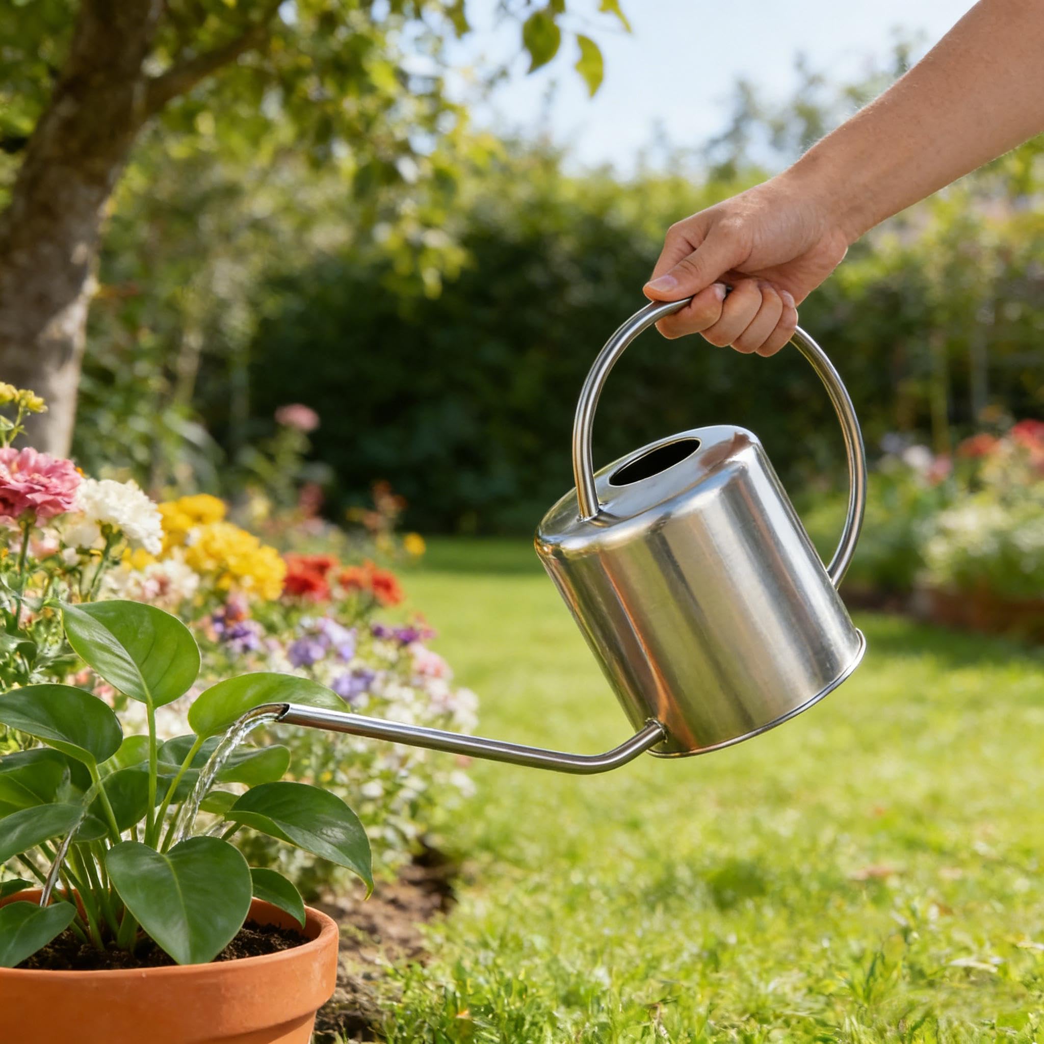 Fasmov 1,5 Liters Edelstahl Gießkanne Metall Blumengießkanne Klein Gartengießkanne mit langem Auslauf für Büro Garten Zimmer Drinnen und Draußen