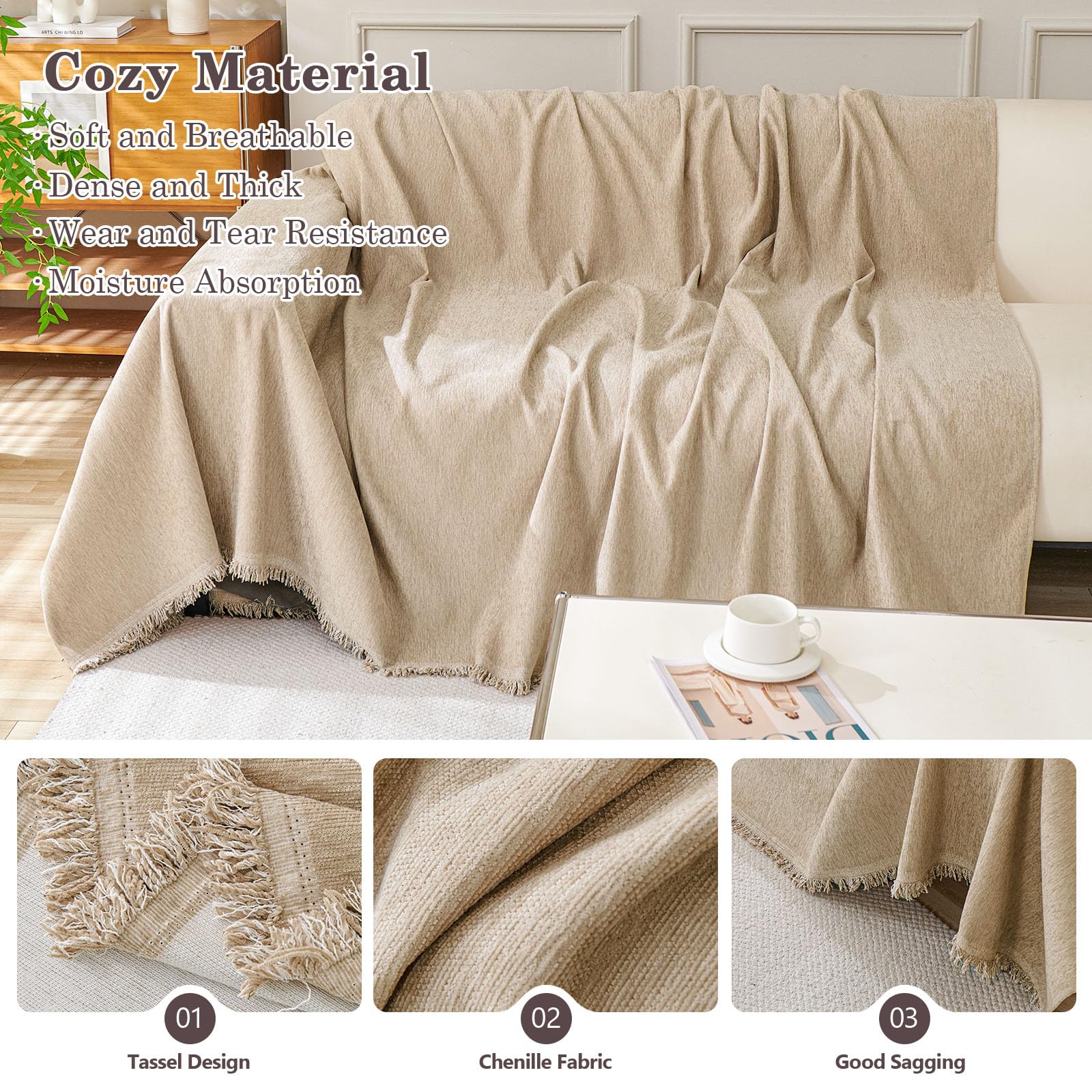 TAOTAOGO Sofa Cover 2 3 Seater Chenille Corner Sofa Slipcover Washable L Shape Sofa Covers Sectional Couch Cover with Tassel Furniture Protector for Pet Loveseat Futon Cover F Khaki 180x300cm - Image 2