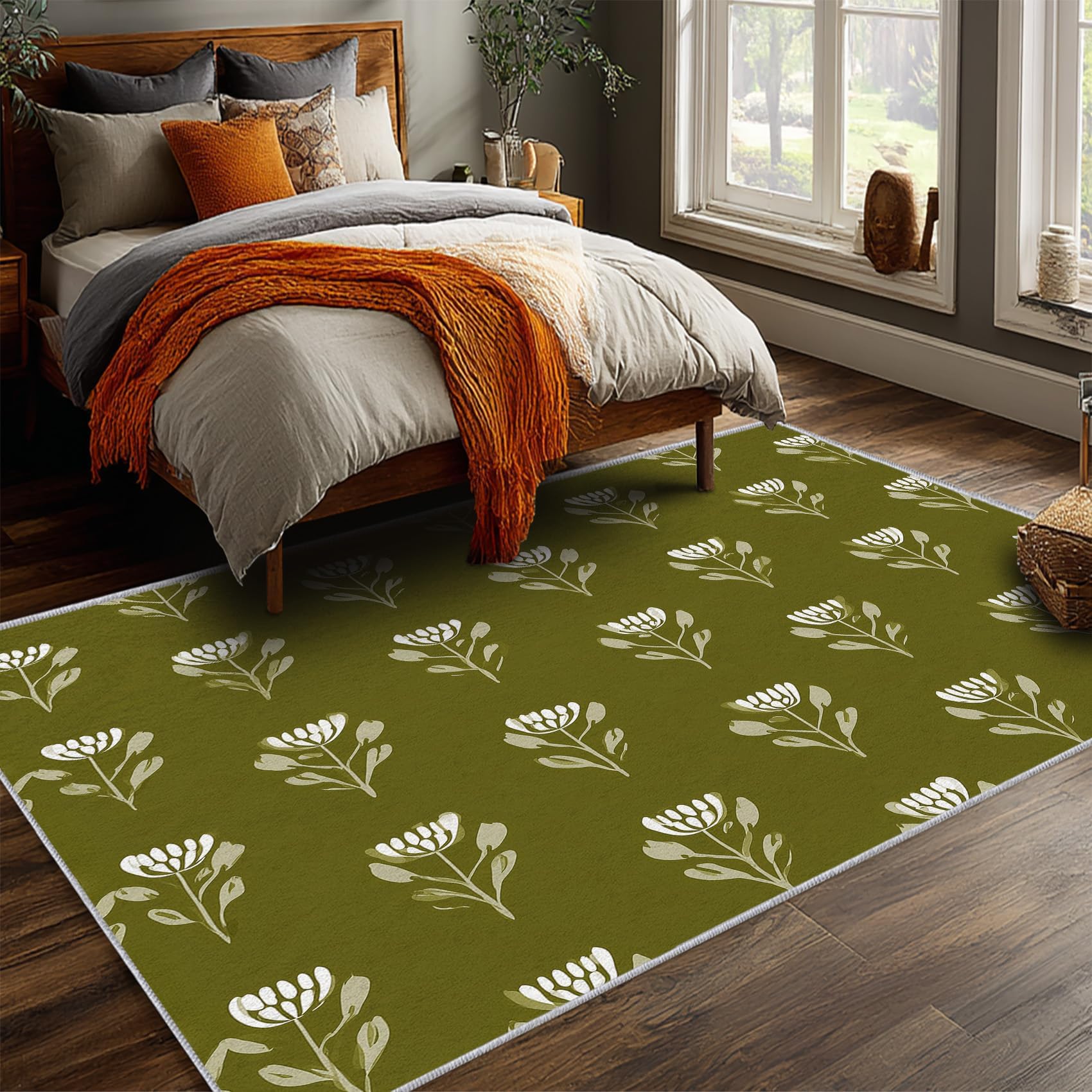 Tapis d'intérieur à Motif Floral Blanc, Lavable, pour Salon ou Chambre, Motif Floral Vert Sauge, Doux et antidérapant, 160x230cm Vert Sauge