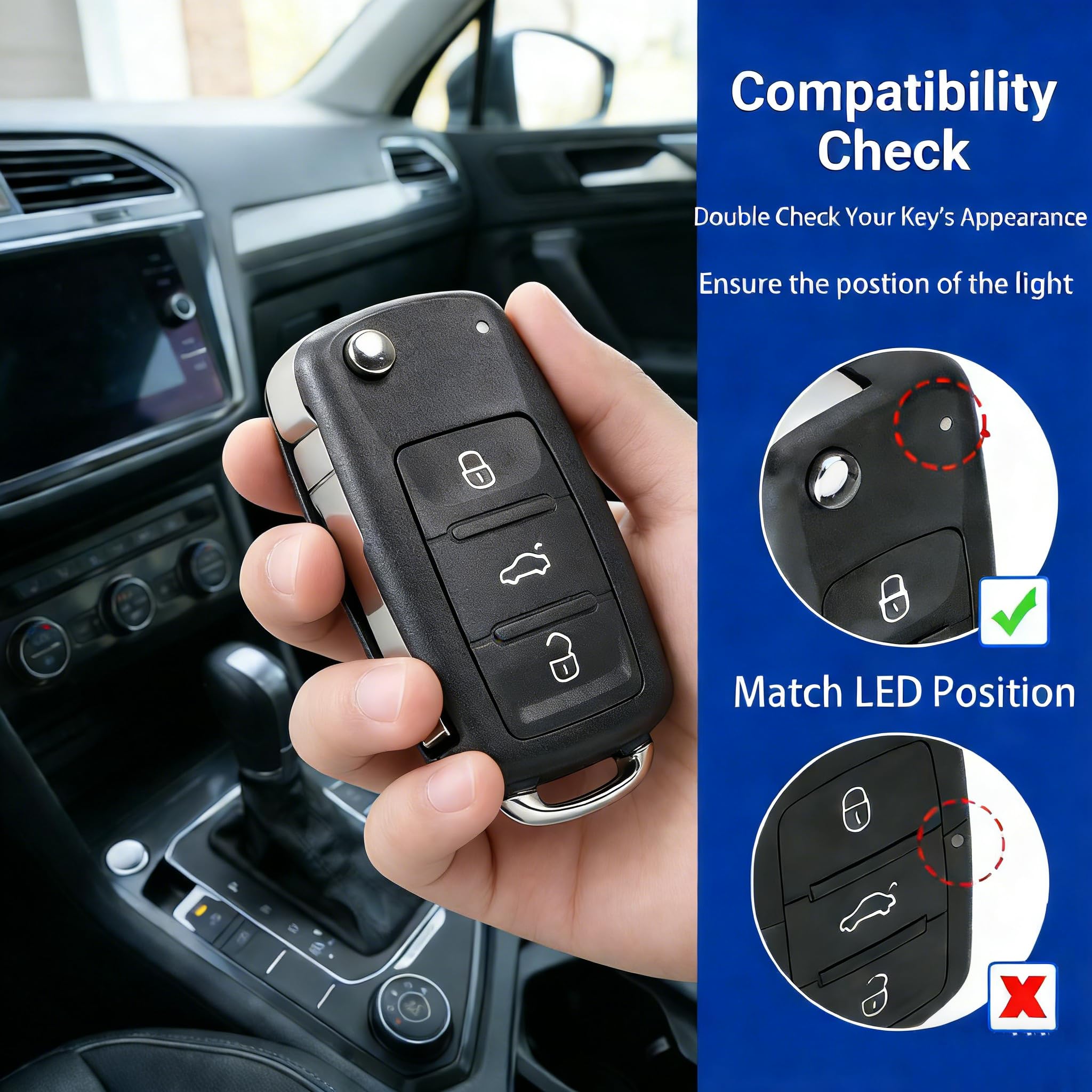 3 Buttons Flip Volkswagen Car Key Fob Shell for VW Up Golf MK5 MK6 Polo Tiguan Passat Jetta Caddy Transporter T6,Skoda Octavia Fabia,Seat Ibiza Leon Key Case with VW Key Blade Pin Tools - 3