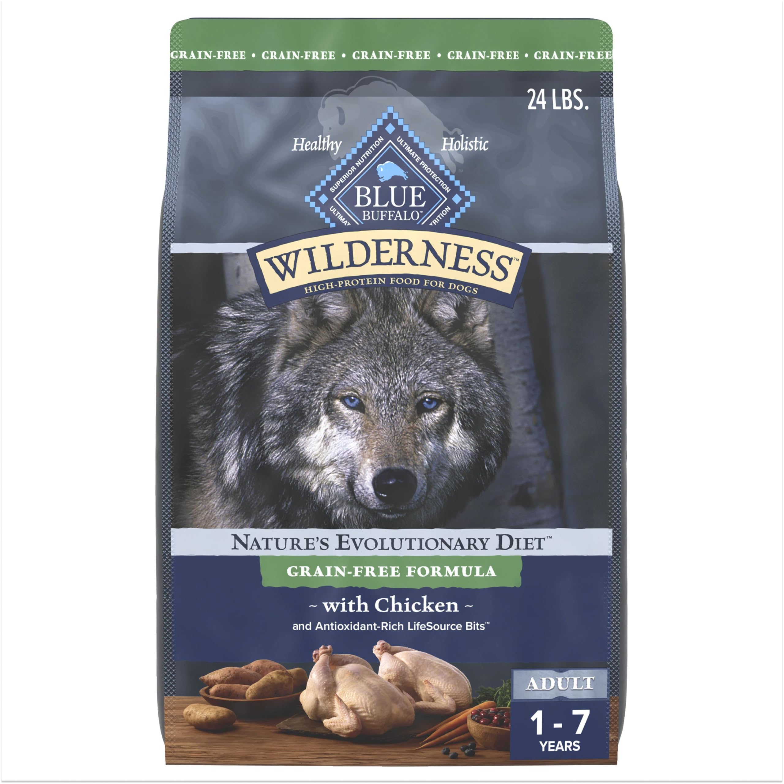 Blue Buffalo Wilderness Adult High-Protein Dry Dog Food with Real Chicken, Grain-Free, Made in the USA with Natural Ingredients, Chicken, 24-lb Bag