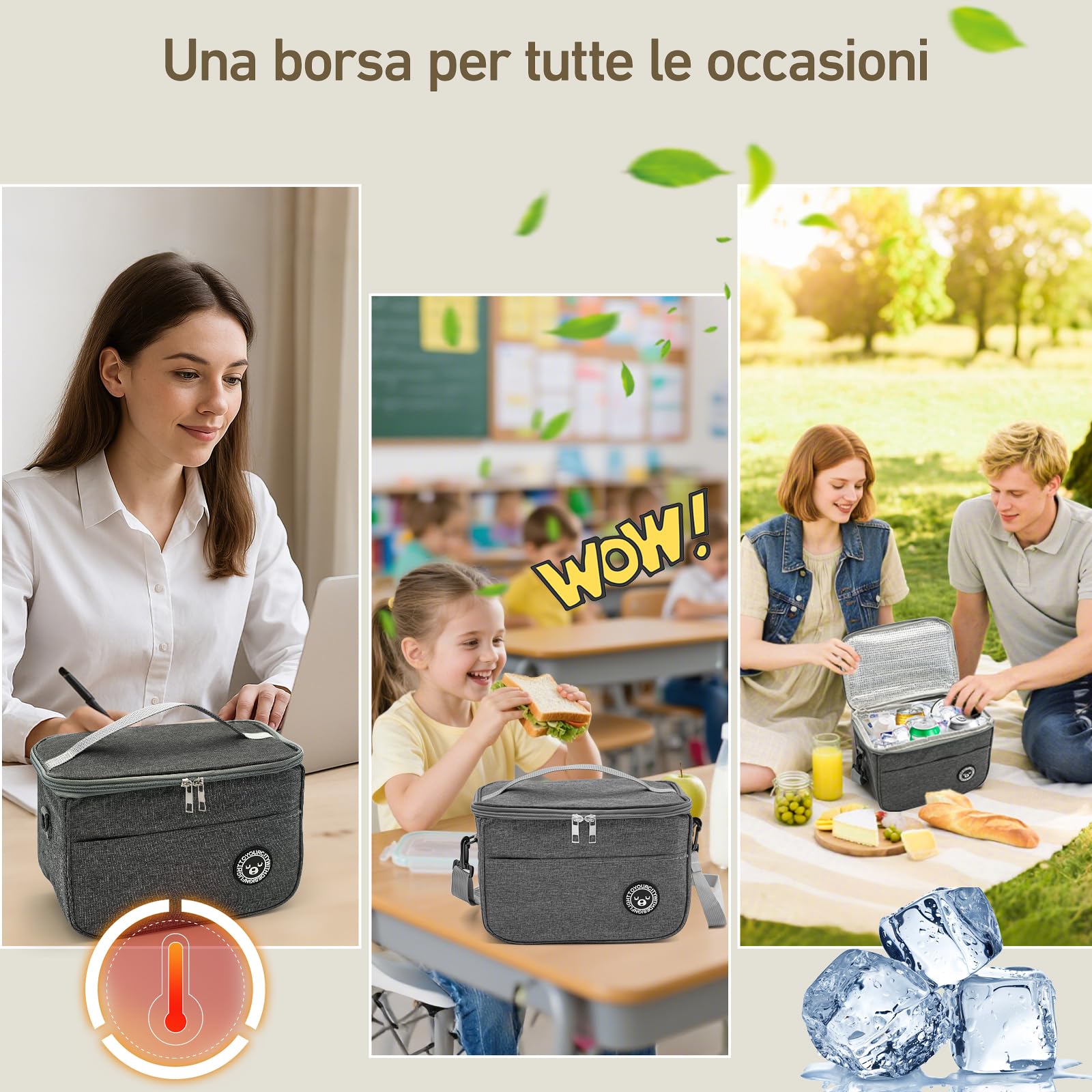 Torba Termiczna na Lunch 6.4 L, Borsa Frigo Pranzo z Paskami, Izolowana Torba na Jedzenie do Pracy, Szkoły, Pikniku