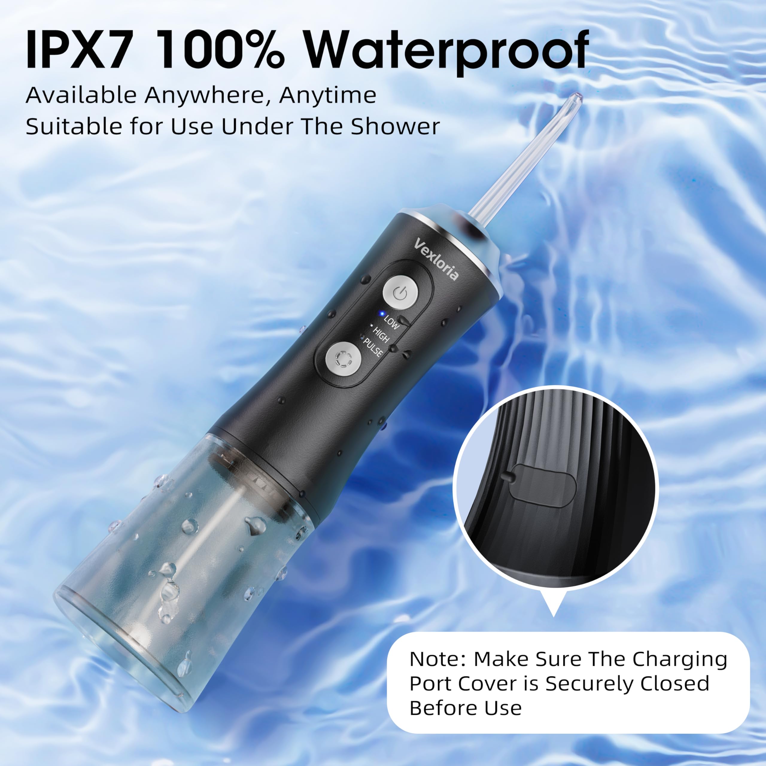 Vexloria Jet Dentaire Hydropulseur Portable 300 ML Water Flosser, Hydropulseur Dentaire Avec 3 Modes de Pression d'eau et 4 Embouts Remplaçables, Irrigateur Dentaire USB Rechargeable, noir clair
