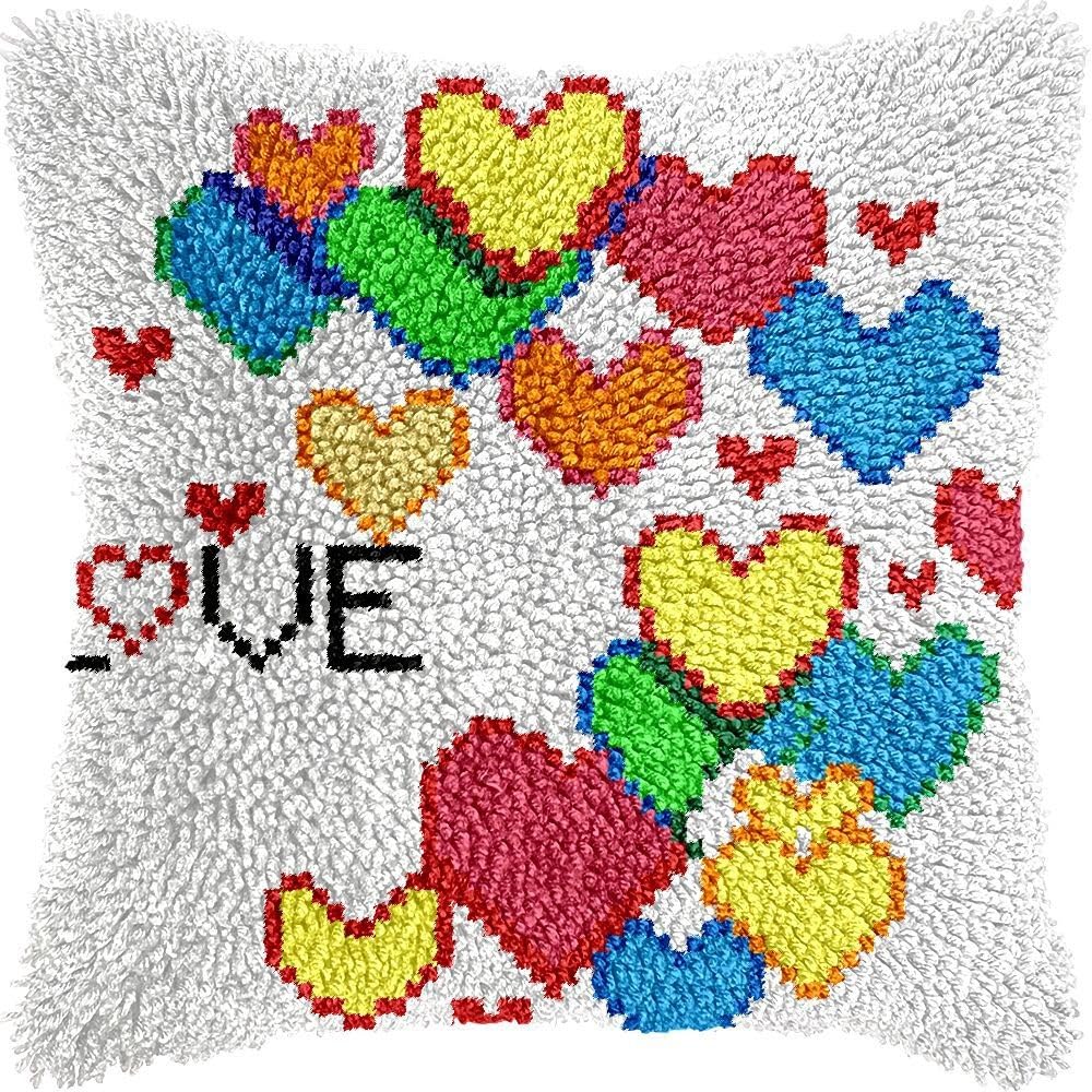 LUXUCURE DIY Latch Hook Kits Colorful 3D Pillowcase Materials Package Cross Stitch Needlework Set Rug Carpet Embroidery Kit,Pillow Cover Sofa Cushion Cover Craft Kits Gifts