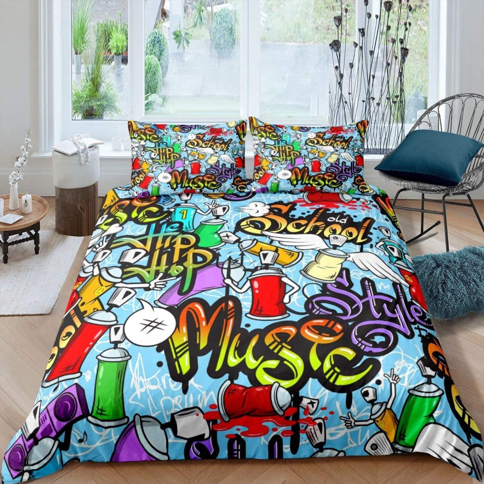 Sezhiqeu Music Single Duvet Cover Set 3d Print Ultra Soft Comfort Microfiber Hip Hop Hippie Bedding Set Quilt Cover 135x200 cm with 2 Pillowcases with Zipper Closure
