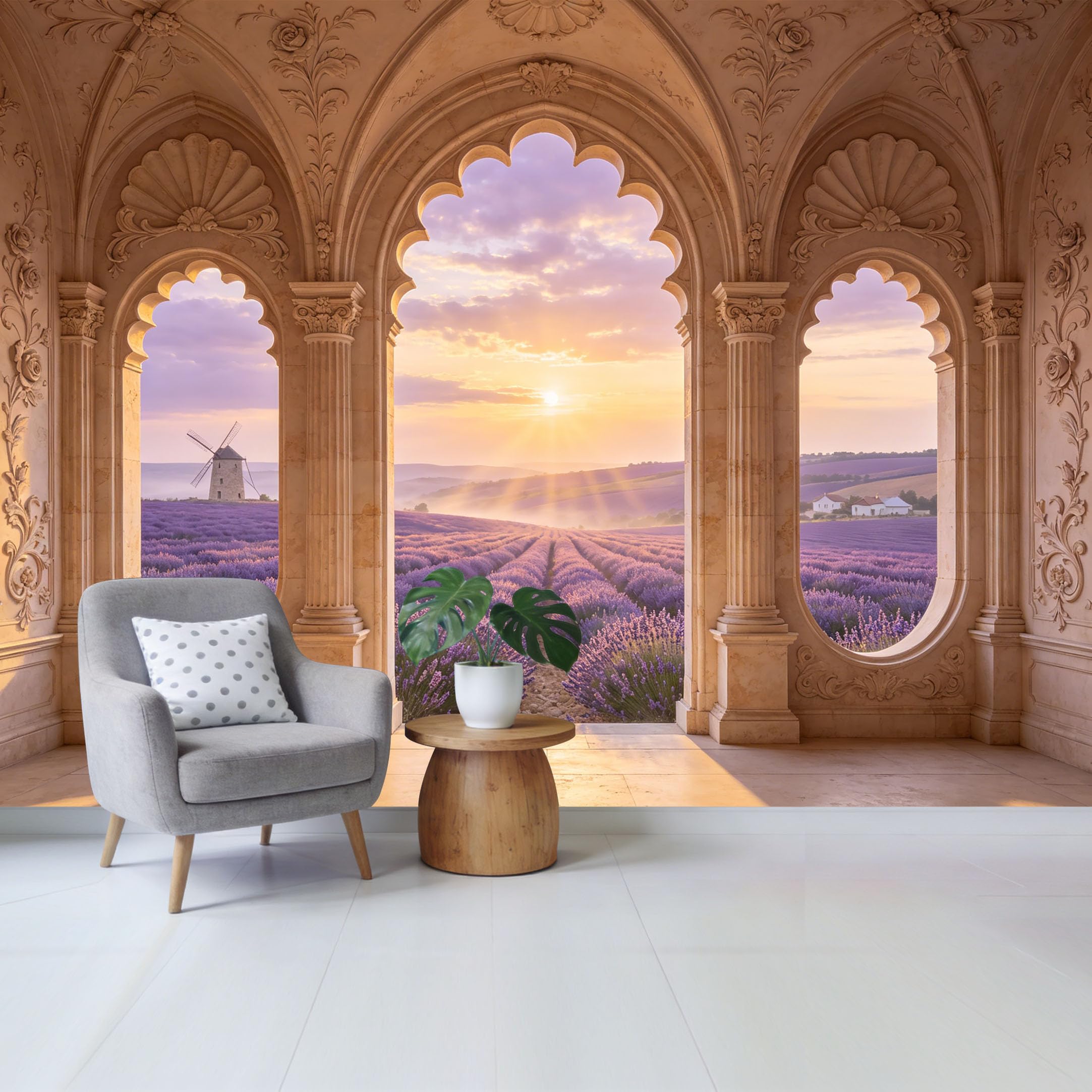 Removable Self Adhesive Fabric Mural， Sunset Lavender Field Windmill Custom Size Wall Covering， UV Protected Waterproof Washable Wall Decor for Living Room Bedroom Bathroom