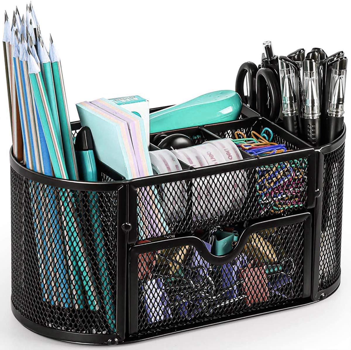 Mesh Desk Organizer, JORLAI Desktop Office Supplies Multi-Functional Caddy Pen Holder Stationery with 6 Compartments and 1 Drawer for Office, Home, School, Classroom : Office Products